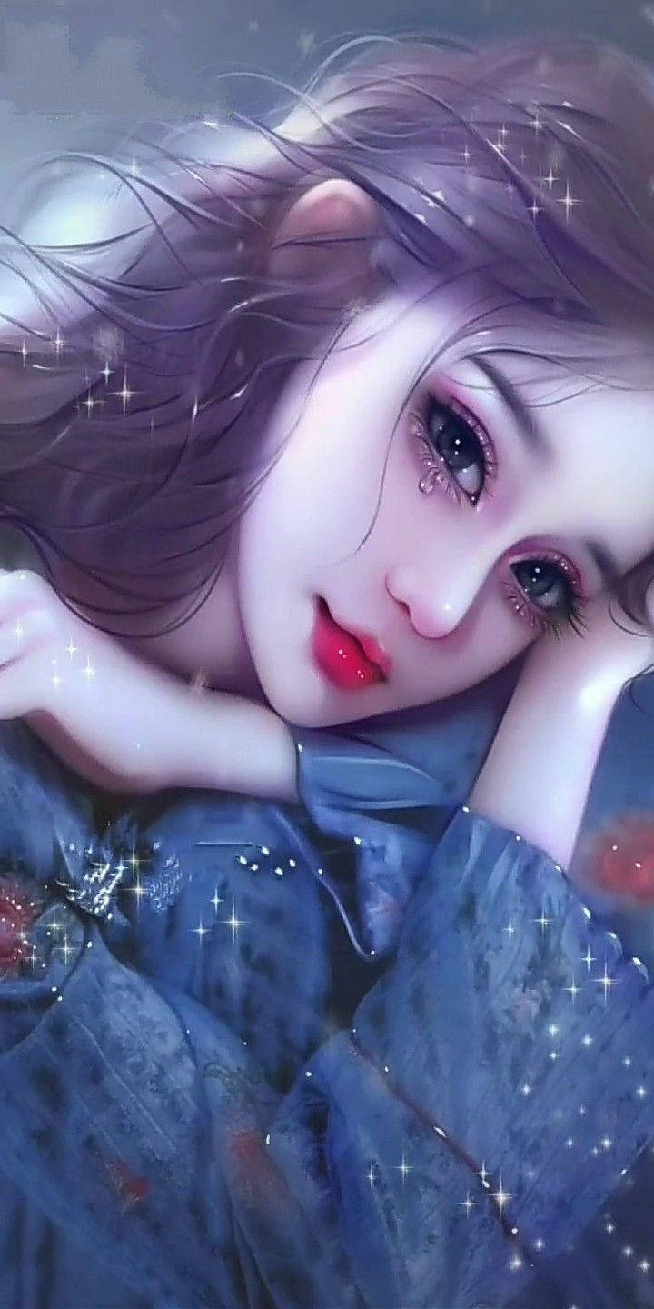 Anime Girl Phone 桌布 壁紙 — 一個擁有紫色頭髮和紅唇的美麗動漫女孩，在星空背景下將頭靠在手臂上休息。