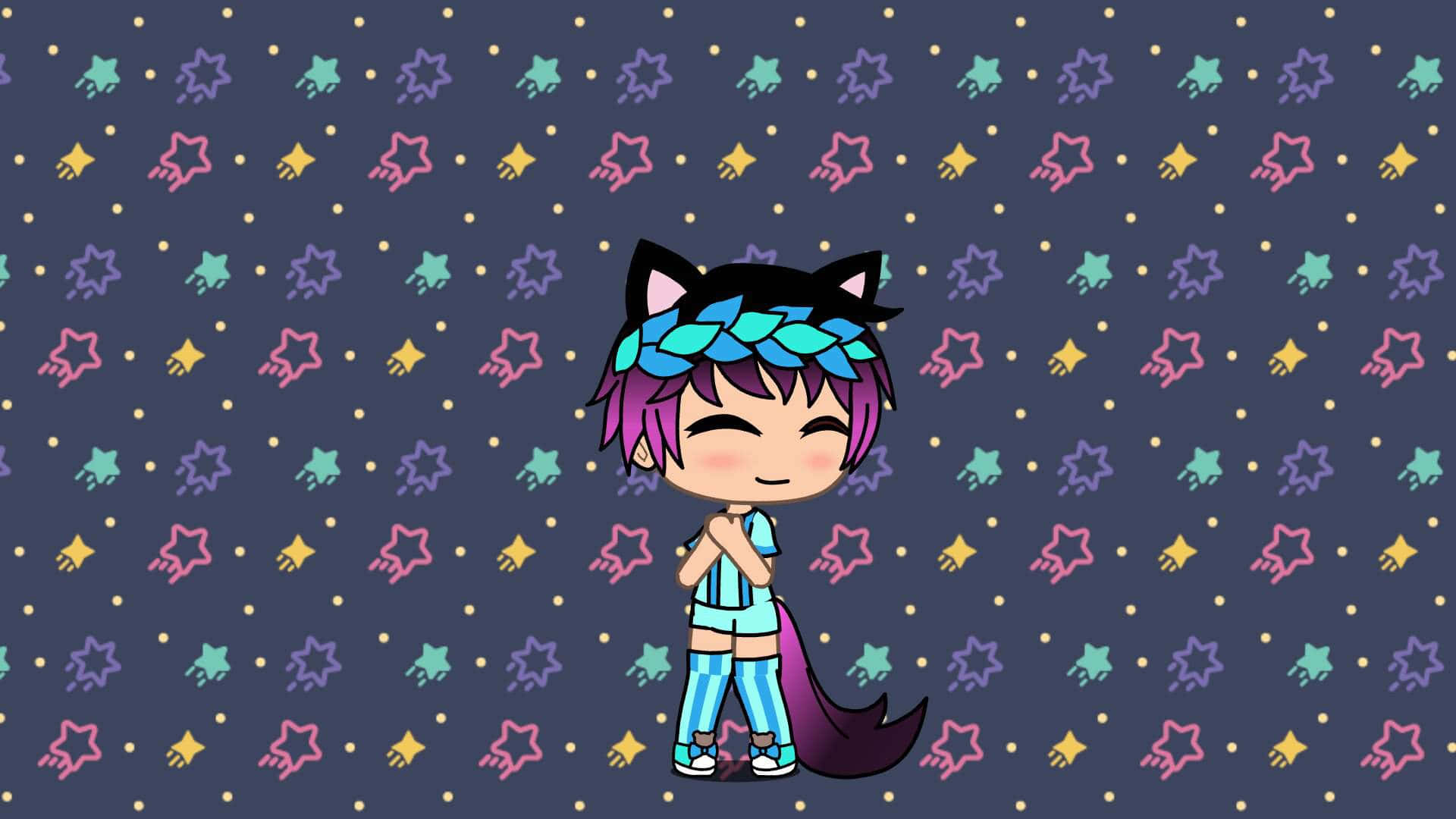 Cute Gacha Life Boy 桌布 壁紙 — 一個擁有紫色頭髮和貓耳的可愛動漫角色，在充滿彩色星星和點點的黑暗背景前微笑站立。
