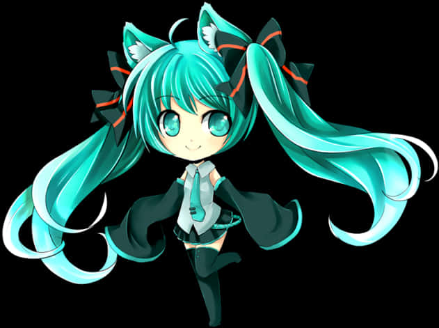 Vocaloid 桌布 壁紙 — 一個擁有綠松石色頭髮、貓耳和蝴蝶結的Q版動漫女孩在黑色背景前開心地擺姿勢。