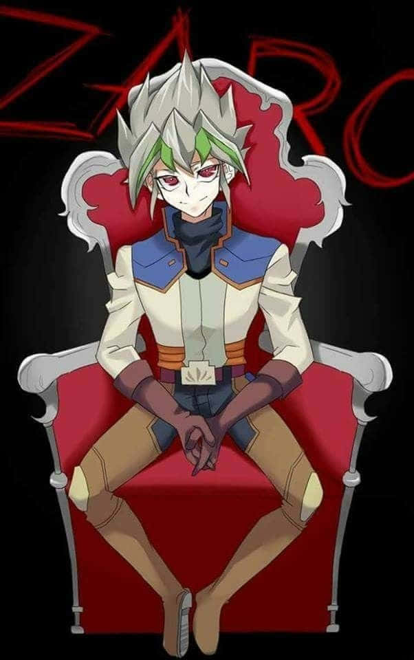 Zarc 桌布 壁紙 — 一個擁有綠色和白色刺蝟頭髮的動漫角色，自信地坐在紅色寶座上，背景為黑色並帶有紅色塗鴉。