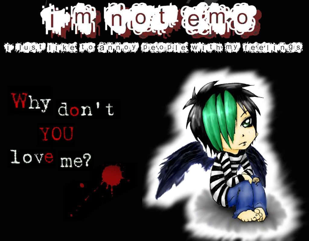 Emo Anime Boy 桌布 壁紙 — 一個擁有綠色和黑色頭髮及深色翅膀的Q版動漫角色，坐在發光的雲朵中，背景為黑色，帶有滴落的文字和血跡。