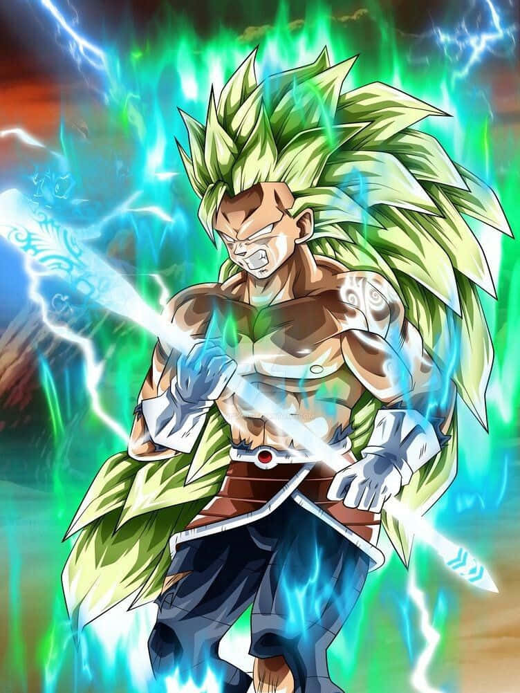 Legendary Super Saiyan 桌布 壁紙 — 一個擁有綠色尖刺頭髮的強大動漫戰士，在充滿活力的綠色和藍色閃電背景中，以動態戰鬥姿勢引導電能。