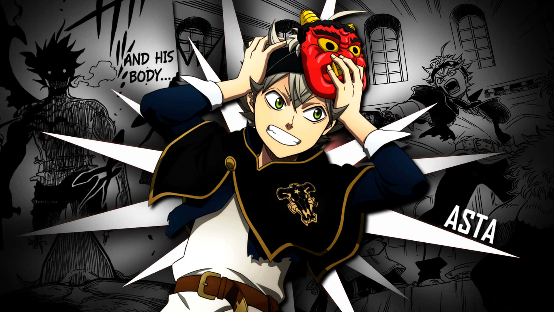 Asta Black Clover 4K 桌布 壁紙 — 一個擁有綠色眼睛的年輕動漫男孩，在黑白漫畫風格的背景前，將一個紅色惡魔面具貼在臉上。