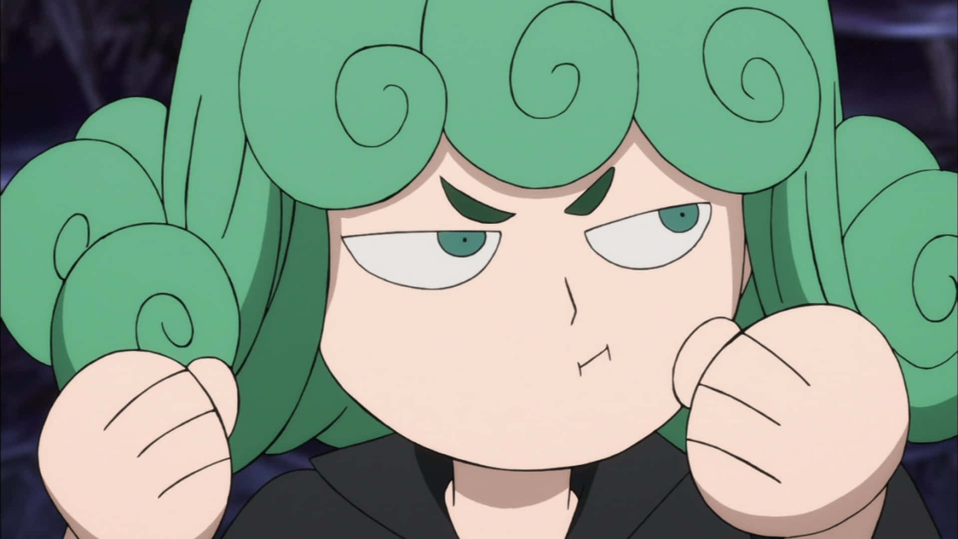 一個擁有綠色螺旋頭髮的動漫角色憤怒地握緊拳頭。 — 一拳超人 GIF 壁紙