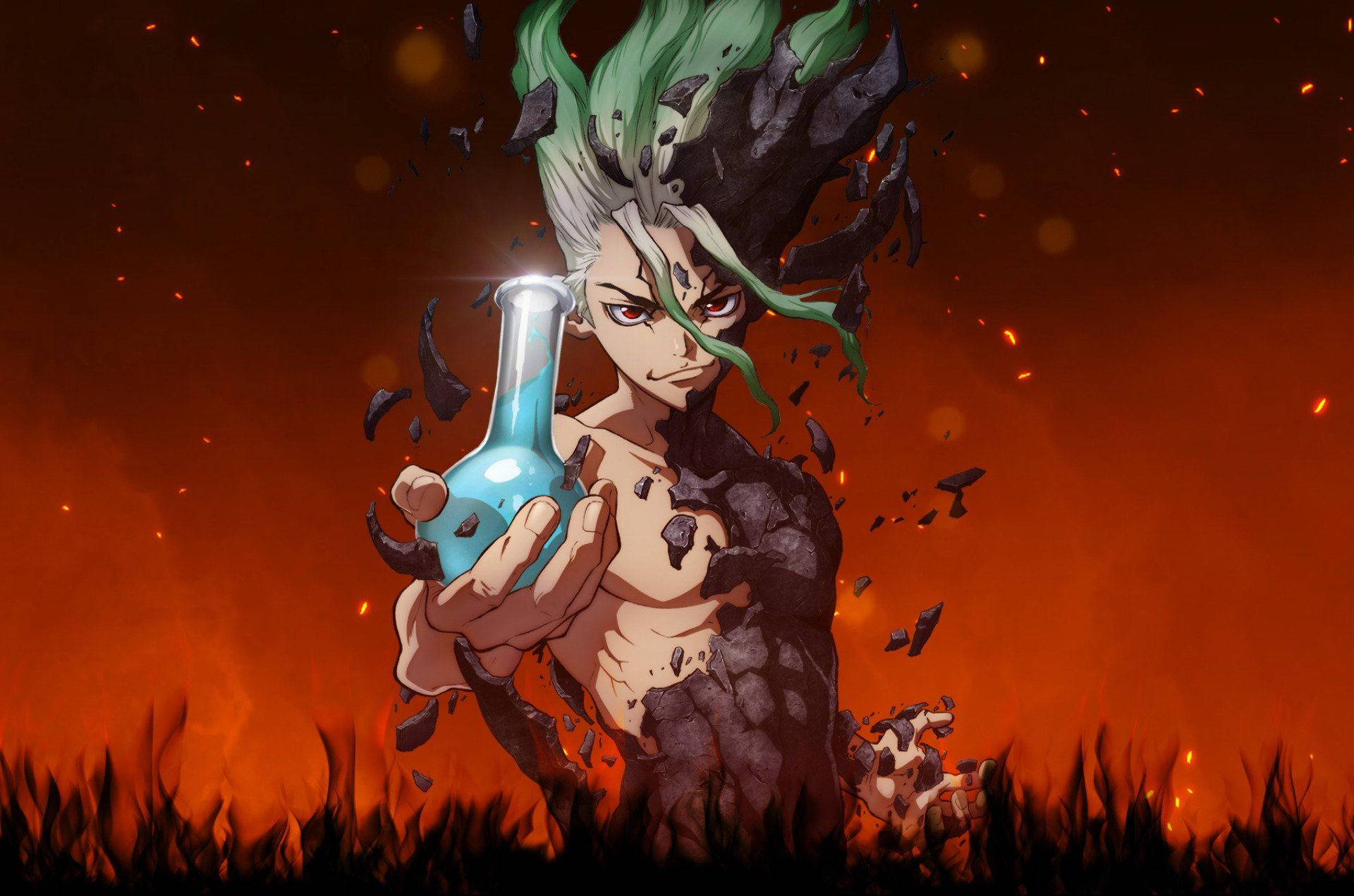 Dr Stone 桌布 壁紙 — 一個擁有綠色頭髮和岩石皮膚的動漫角色，在熾熱的橙色背景下拿著發光的藍色藥水。