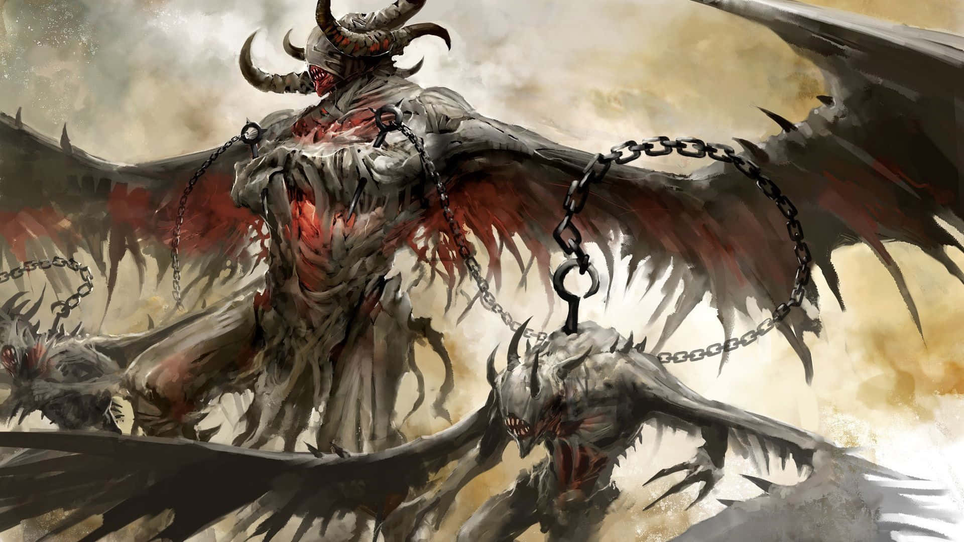 Cool Demon 桌布 壁紙 — 一個擁有翅膀和鎖鏈的怪物惡魔實體主宰著風暴戰場，周圍環繞著較小的惡魔生物。