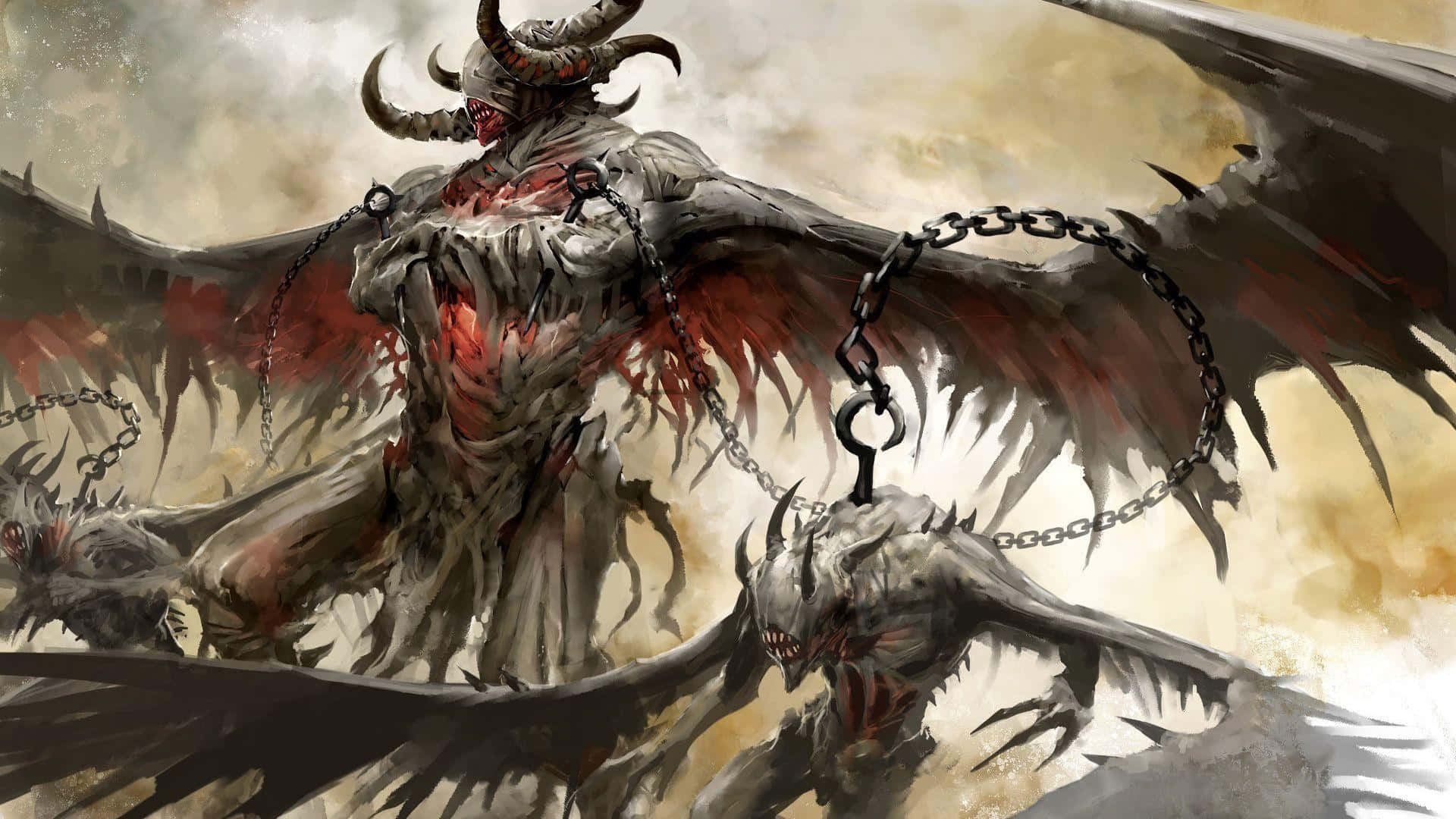 Demon Fighting 桌布 壁紙 — 一個擁有翅膀和鎖鏈的怪物惡魔形象主宰著暴風雨的戰場，周圍環繞著較小的惡魔生物。