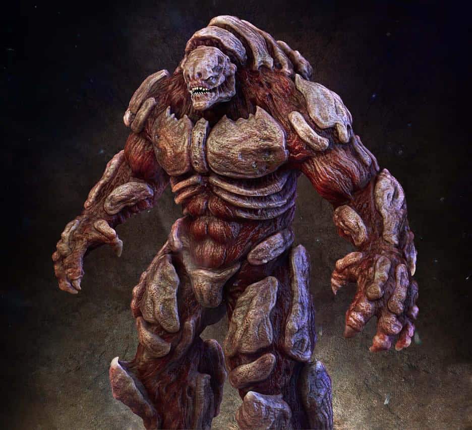 Gears Of War Ultimate Edition 桌布 壁紙 — 一個擁有肉質岩石般盔甲的怪誕怪物，在黑暗的宇宙背景下威脅地站立。