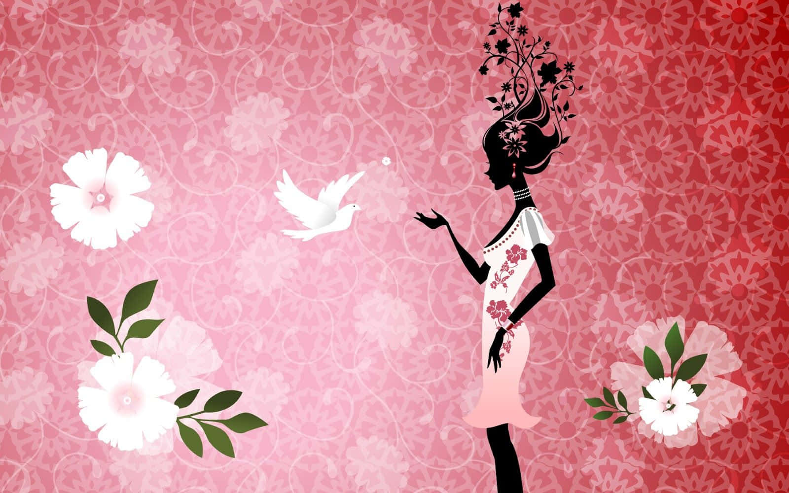 3d Girly 桌布 壁紙 — 一個擁有花卉頭髮和連衣裙的女人的剪影，在粉紅色花卉圖案背景上輕輕放出一隻白鴿。