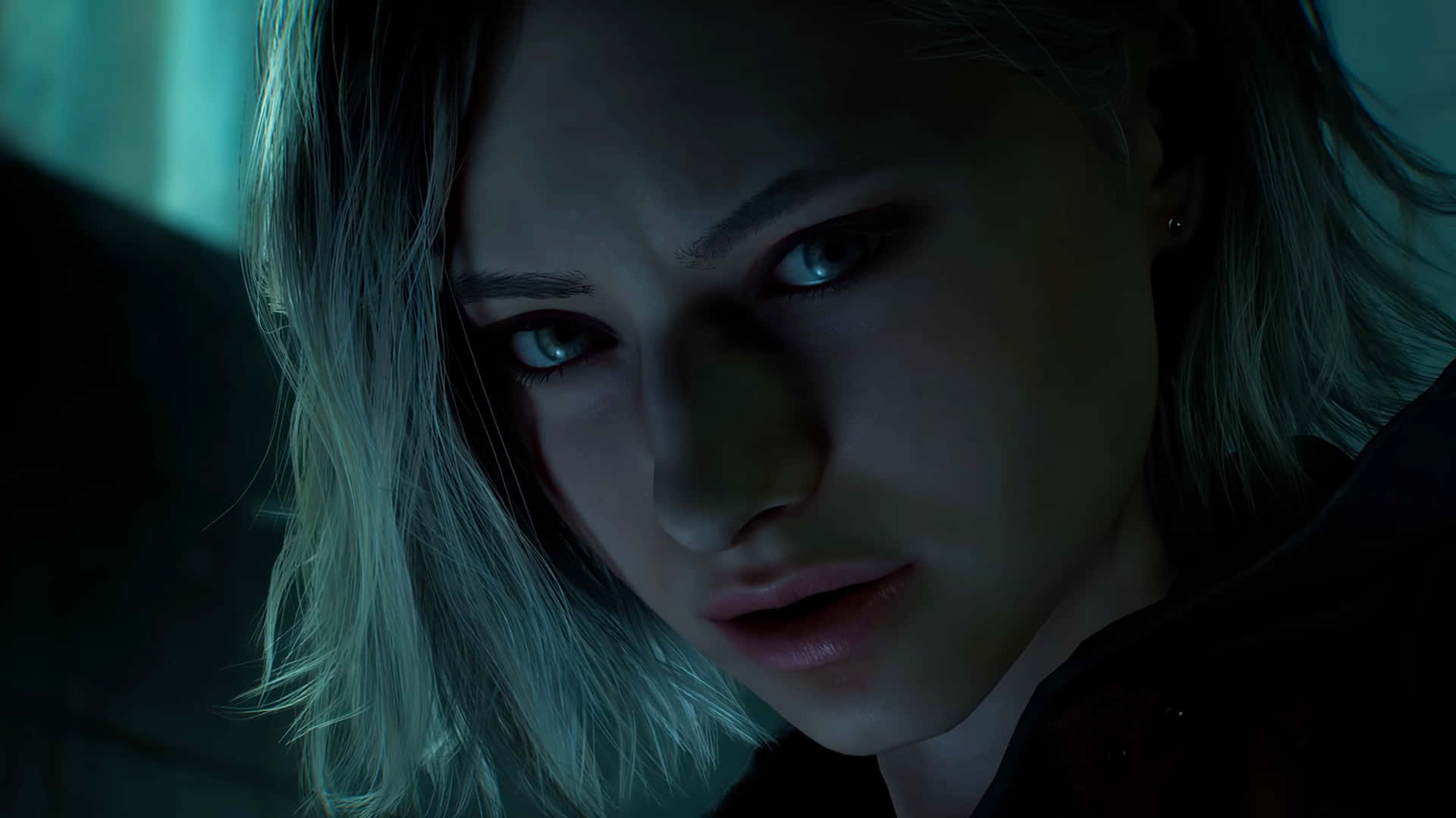 Resident Evil Requiem Grace Ashcroft Closeup 壁紙 — 一個擁有蒼白金髮和銳利藍眼睛的女人的特寫，在昏暗的青色環境中強烈凝視。