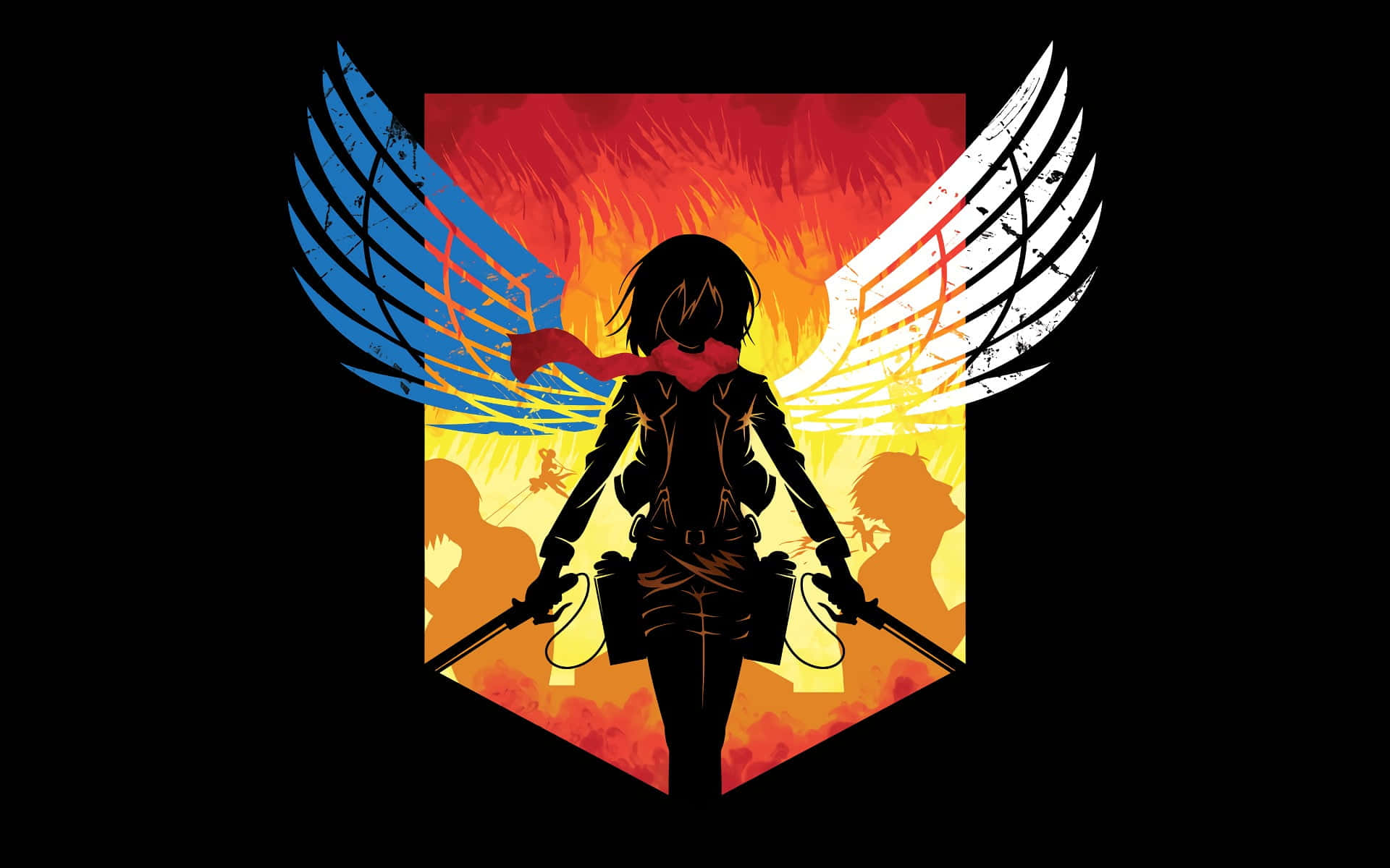 Attack On Titan Poster 桌布 壁紙 — 一個擁有藍白翅膀的戰士剪影，站在黑色背景前的火焰盾牌前。