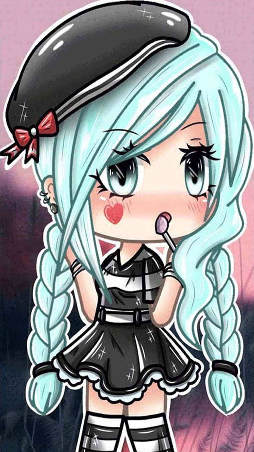 Gacha 桌布 壁紙 — 一個擁有藍綠色辮子頭髮和黑色貝雷帽的Q版動漫女孩，帶著俏皮的表情塗口紅。
