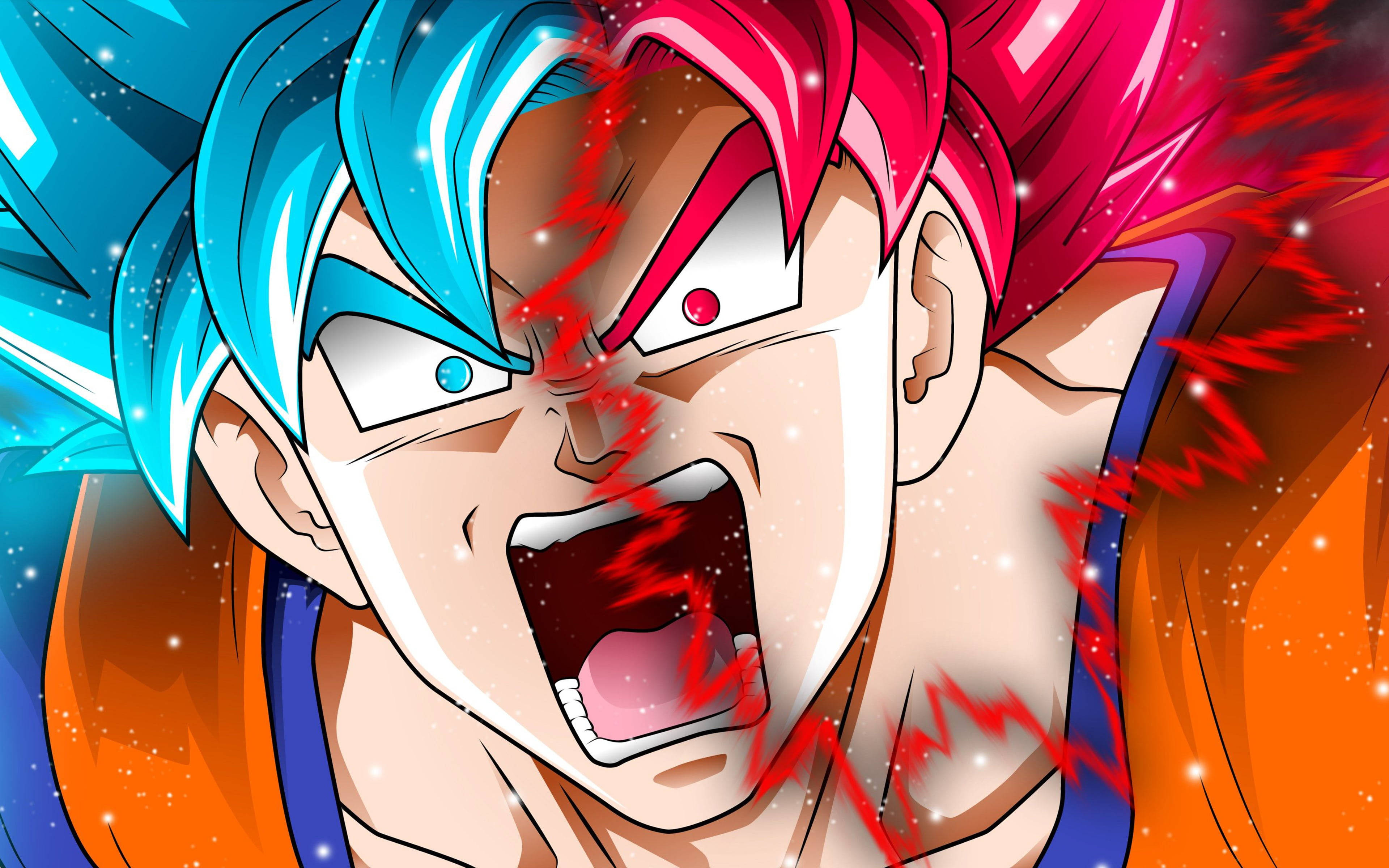 black goku rose 4K 桌布 壁紙 — 一個擁有藍色和紅色頭髮的動漫角色，在星光閃爍的宇宙背景下，周圍有紅色能量噼啪作響，猛烈咆哮。