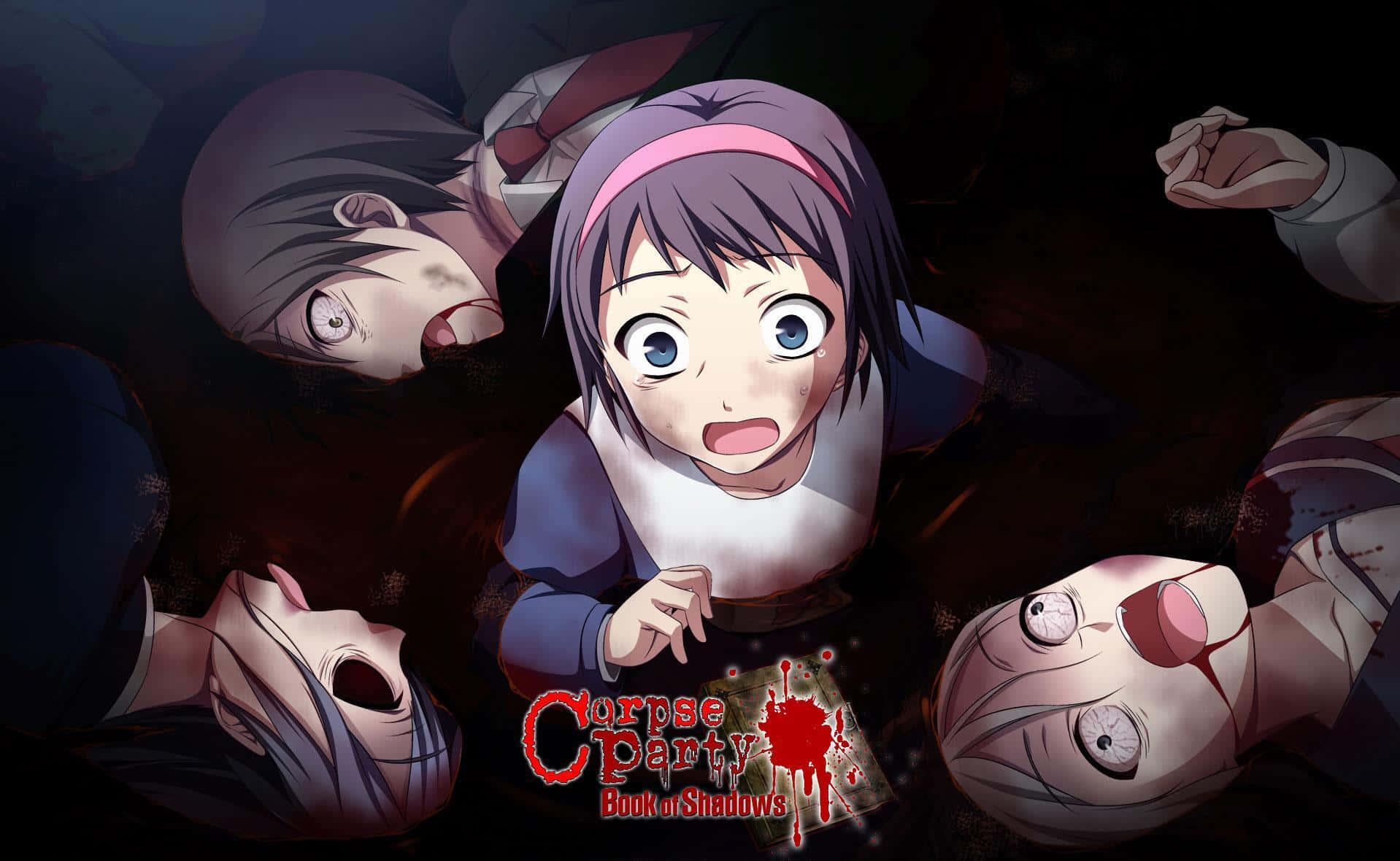 Thriller Anime 桌布 壁紙 — 一個擁有藍色大眼睛的驚恐動漫女孩，在黑暗、血跡斑斑的場景中被一群可怕的殭屍同學包圍。
