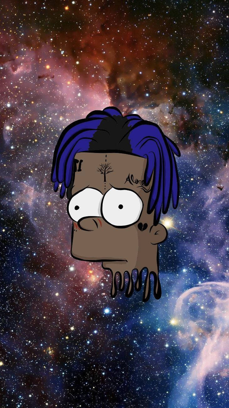 藍髮刺青卡通角色漂浮在色彩繽紛的星空之中。