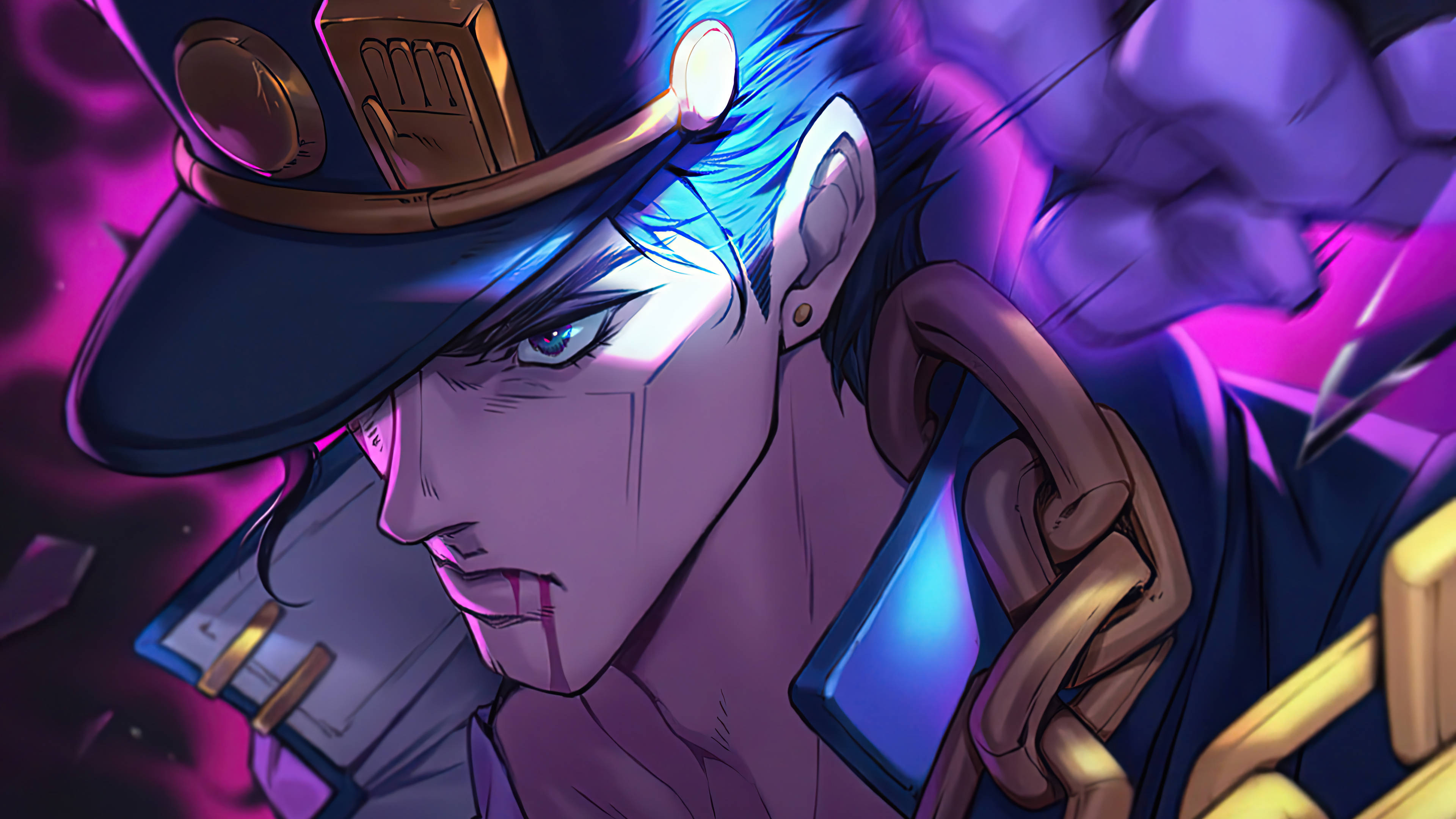 jojo 4K 桌布 壁紙 — 一個擁有藍色頭髮和帽子的兇猛動漫角色，在充滿活力的紫色和粉紅色背景下強烈凝視。