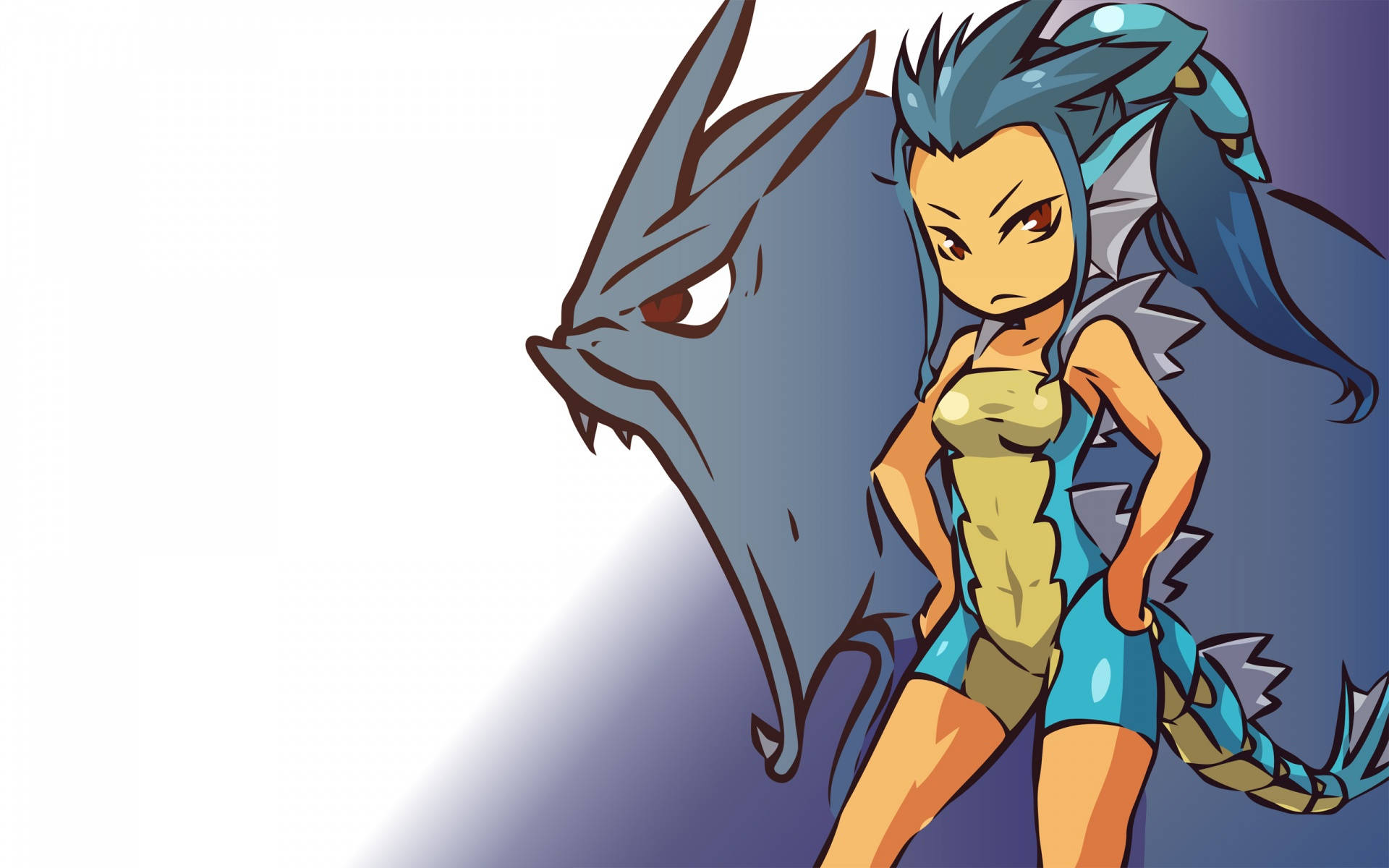 Gyarados 桌布 壁紙 — 一個擁有藍色頭髮和龍特徵的兇猛動漫女孩，自信地站在一個巨大的龍頭旁邊，背景是紫色漸變。