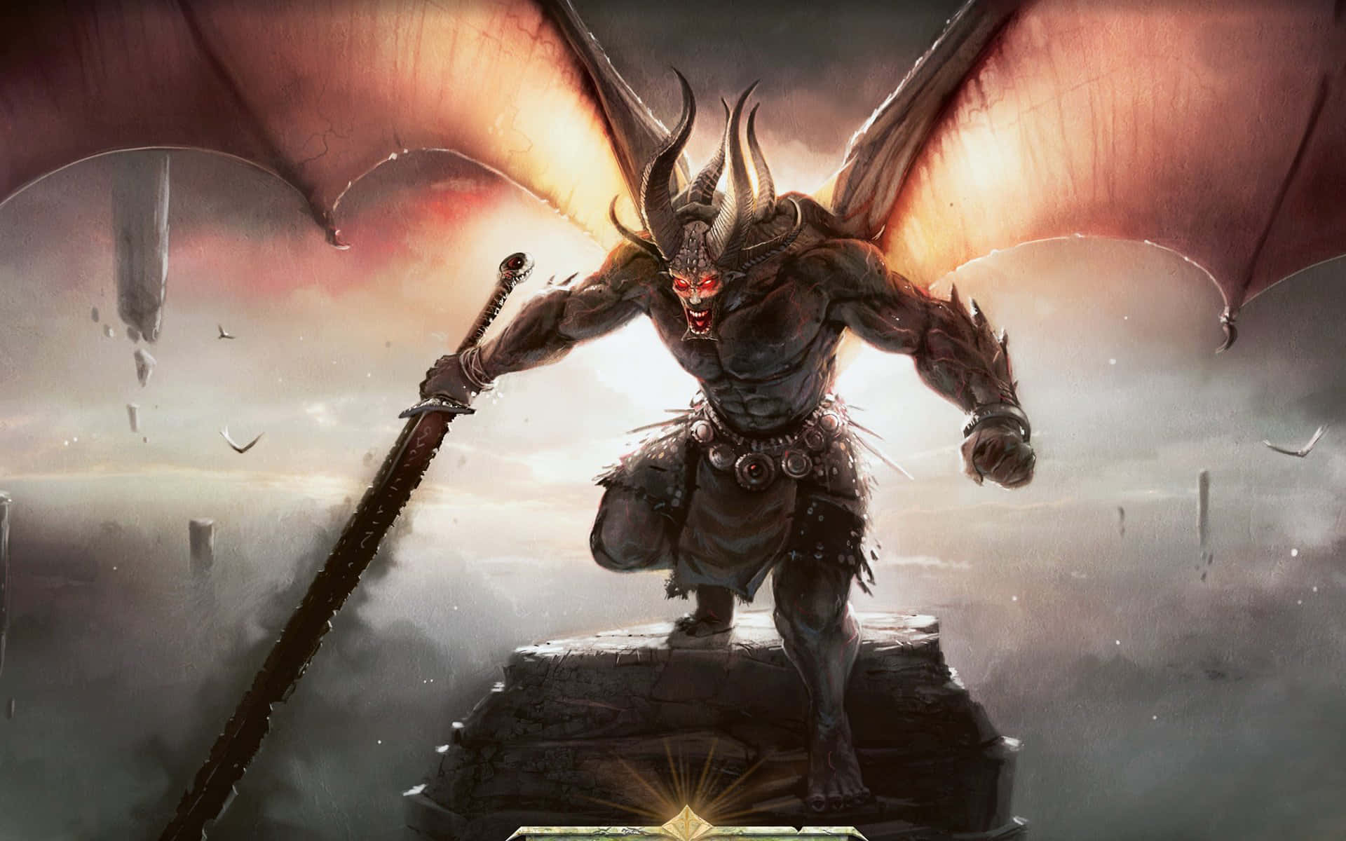 Demon Fighting 桌布 壁紙 — 一個擁有蝙蝠狀翅膀和角的惡魔戰士站在石基座上，在暴風雨的天空下揮舞著一把巨大的劍。
