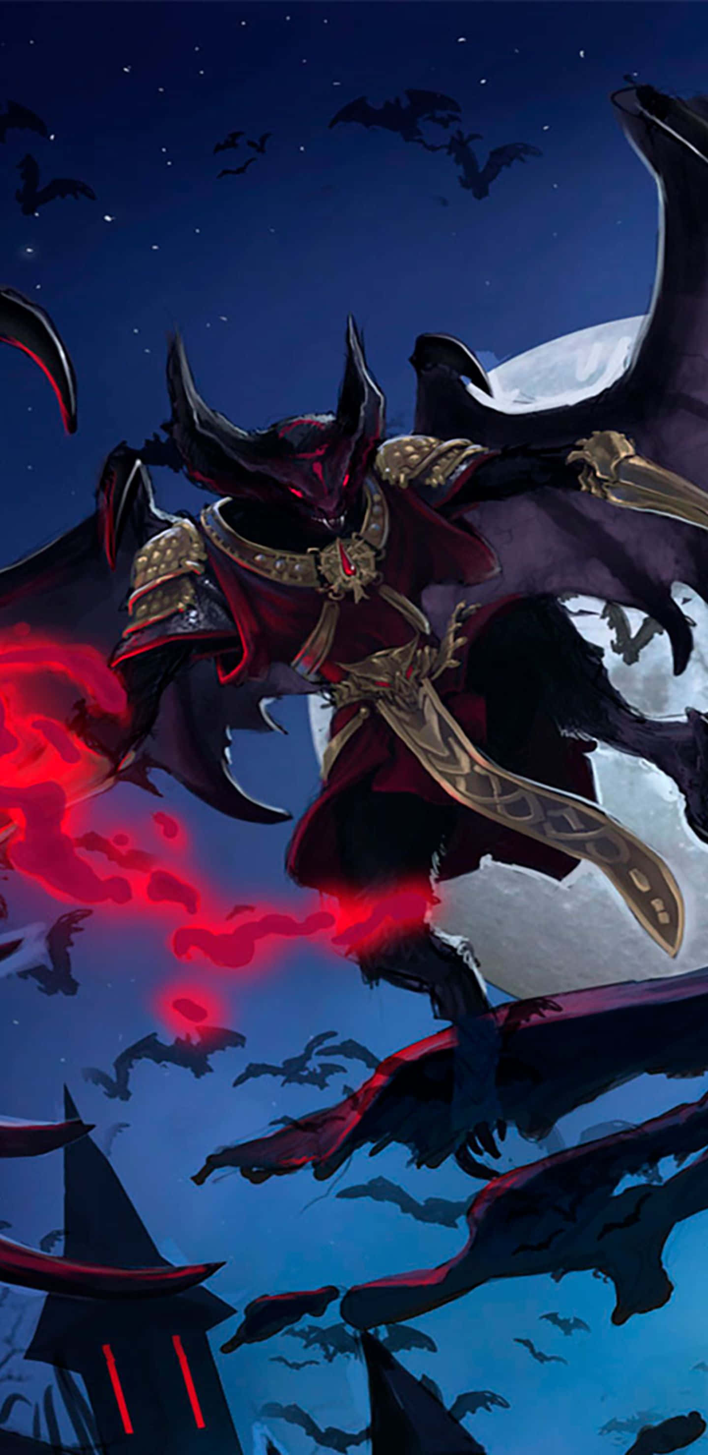 Pixel 3xl Runescape 桌布 壁紙 — 一個擁有蝙蝠翅膀和發光紅眼的惡魔戰士，在滿是蝙蝠的星空夜空中揮舞著一把火焰劍。