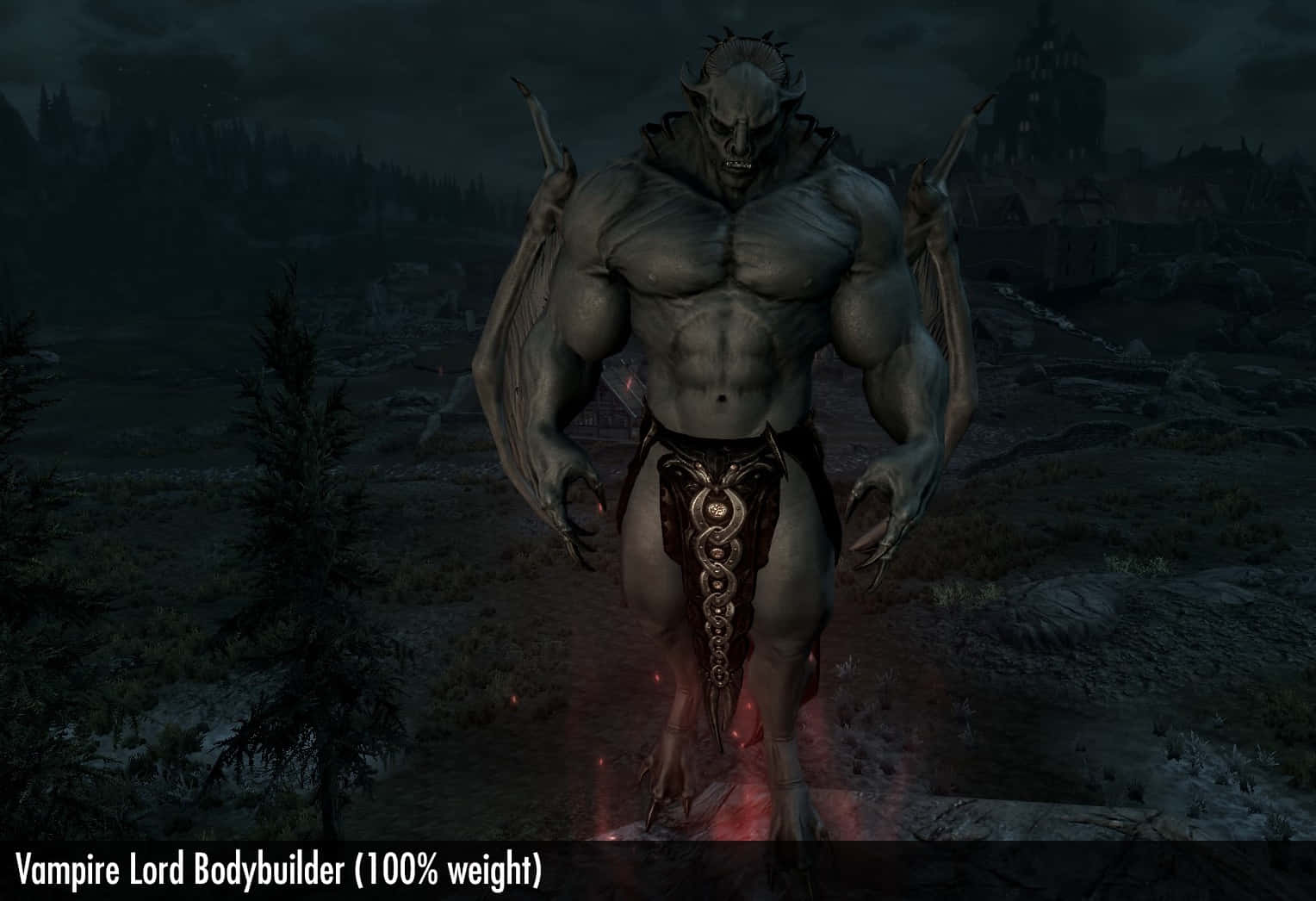 Vampire Lord 桌布 壁紙 — 一個擁有蝙蝠翅膀和發光紅腳的恐怖吸血鬼領主，威風凜凜地站在黑暗的森林景觀中。