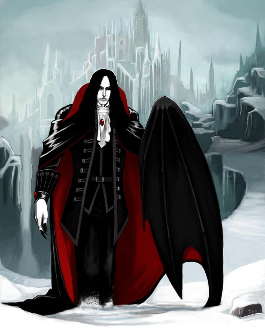 Vampire Lord 桌布 壁紙 — 一個擁有蝙蝠翅膀的黑暗吸血鬼站在雪地中，背景是哥德式城堡，天空陰沉。