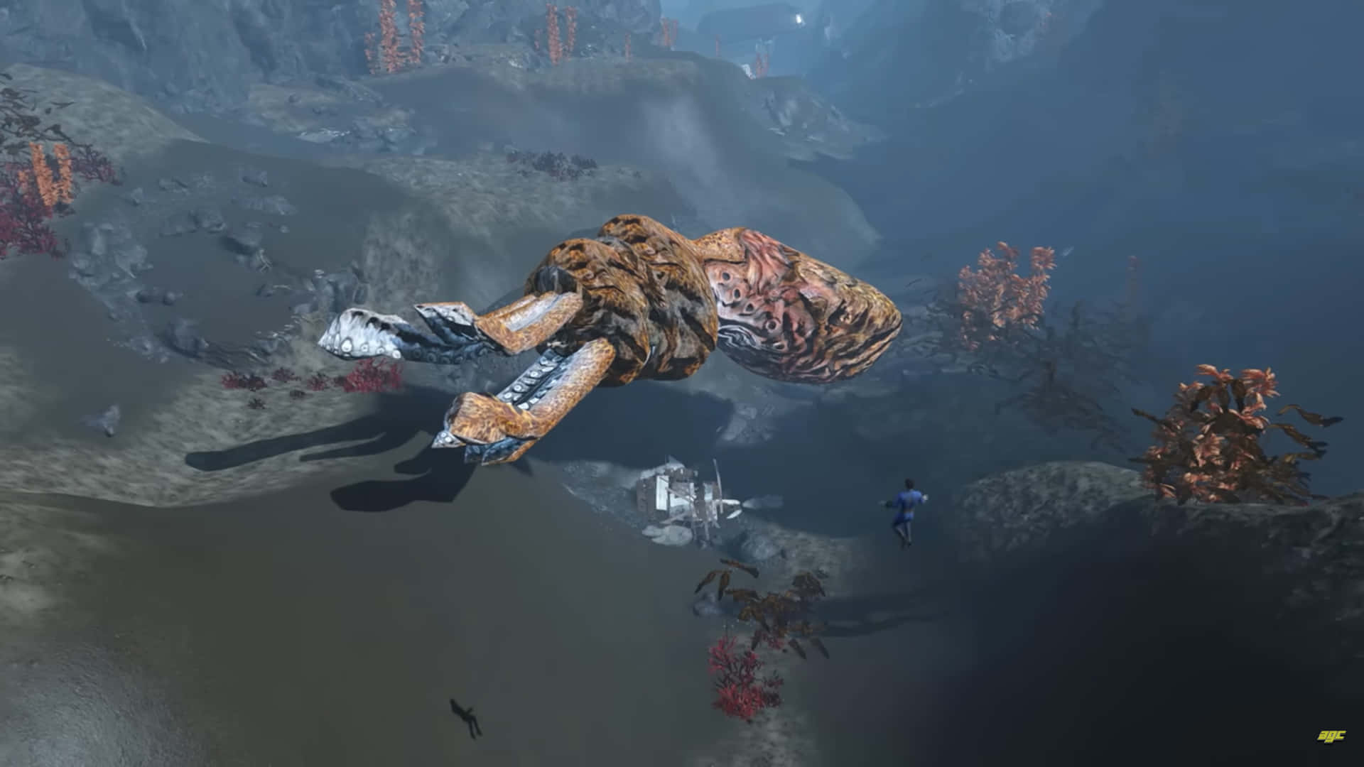 Giant Squid 桌布 壁紙 — 一個擁有裝甲肢體的龐大外星生物漂浮在岩石外星景觀之上，下方有一個小人正在探索。