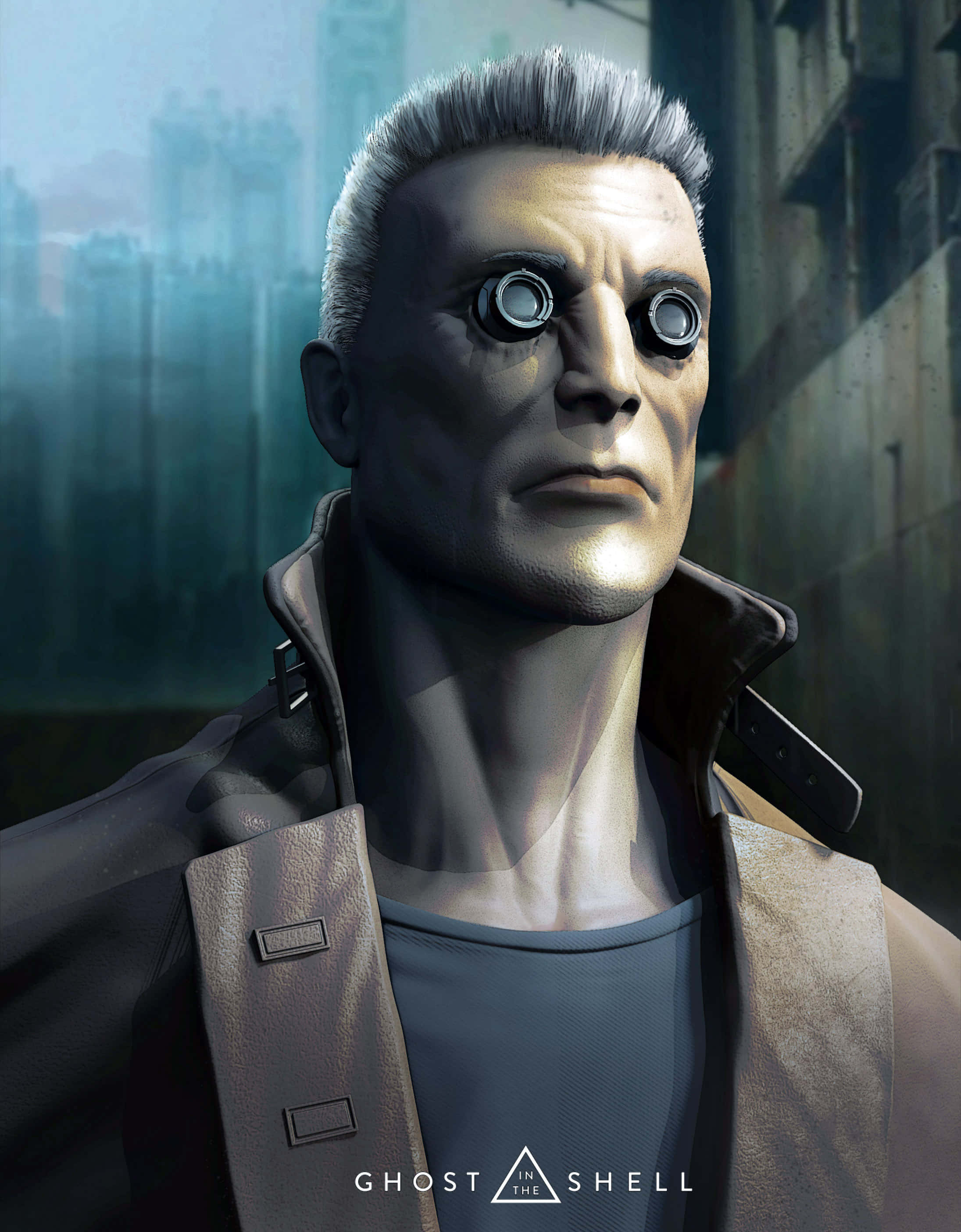 Ghost In The Shell Batou 桌布 壁紙 — 一個擁有賽博格眼睛和灰白頭髮的賽博龐克男子，在霧氣瀰漫的城市小巷中凝視著。