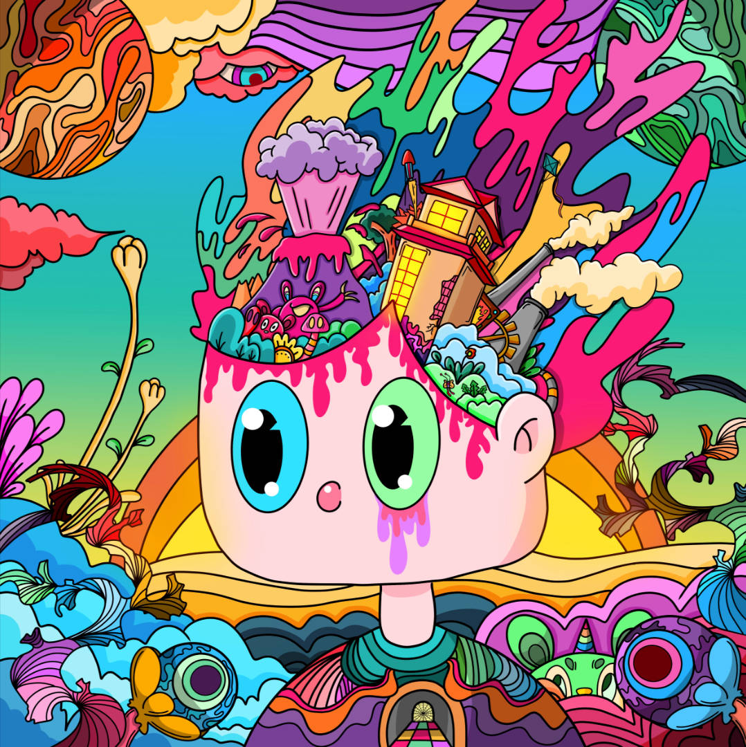 Trippy Cartoon 桌布 壁紙 — 一個擁有超大雙眼的卡通角色，大腦充滿了超現實的彩色元素，如房屋、火山和眼睛，背景是彩虹天空。