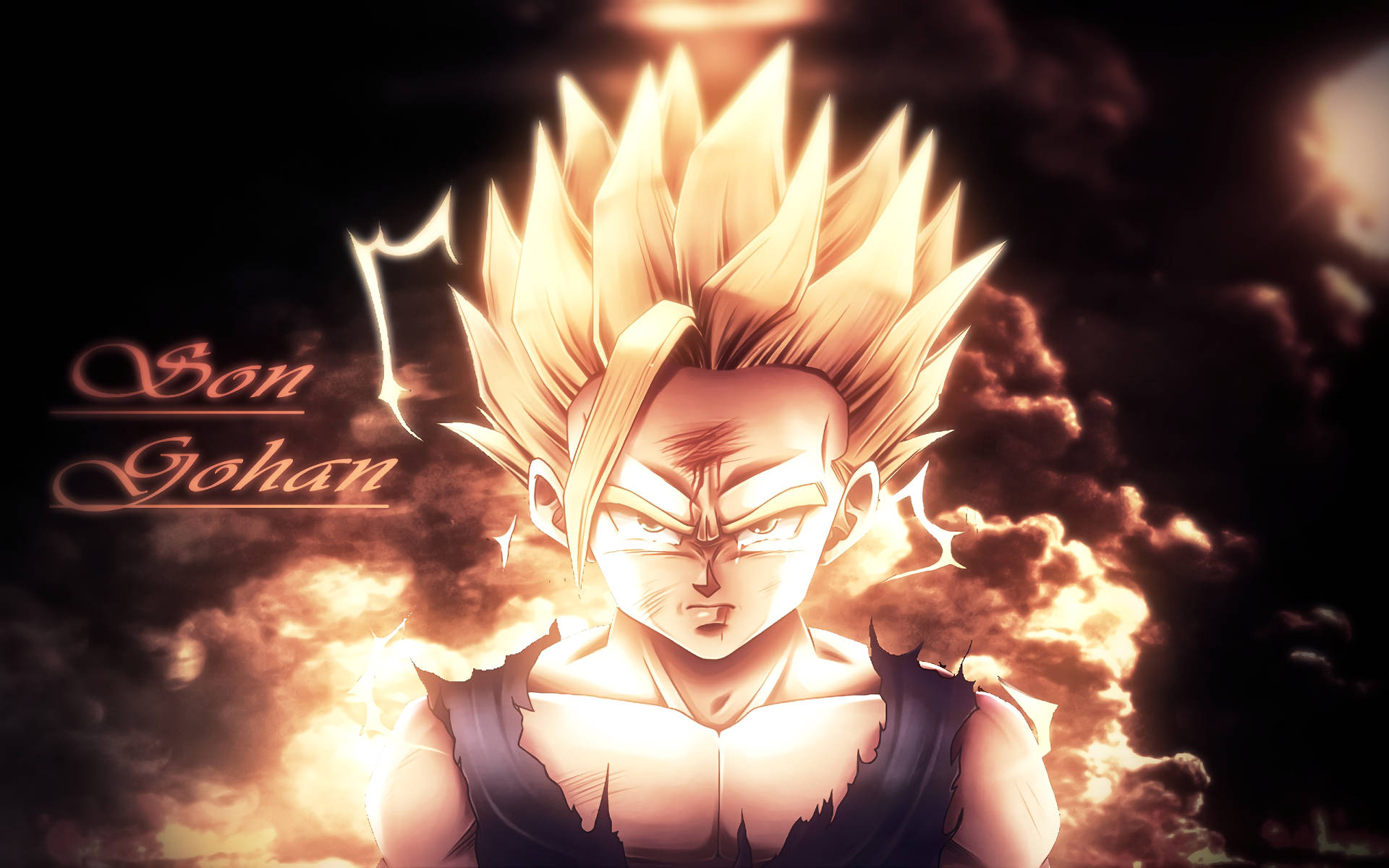 Gohan 桌布 壁紙 — 一個擁有金色刺蝟頭和發光氣場的強大動漫角色，站在火熱多雲的天空下。