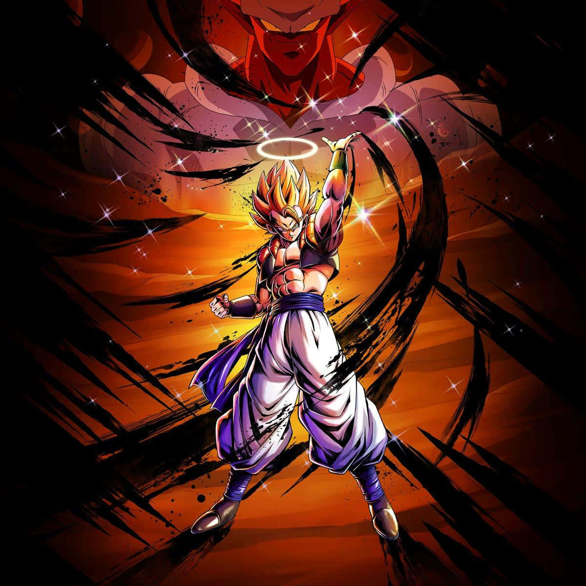 Dragon Ball Legends 桌布 壁紙 — 一個擁有金色尖刺頭髮和發光光環的強大動漫戰士，挑釁地站在黑暗旋轉的背景前，上方有一個巨大的紅色身影若隱若現。