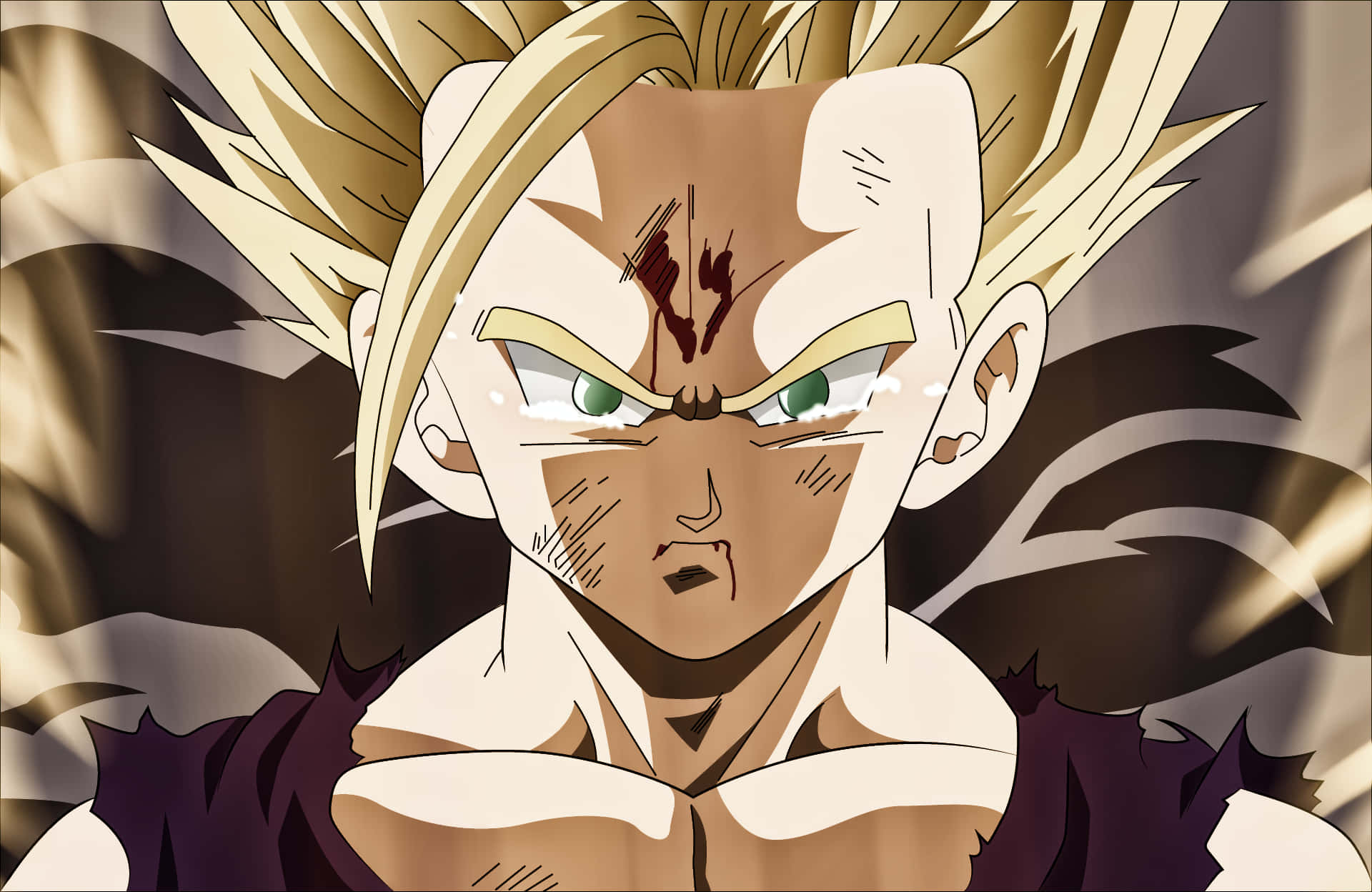 Teen Gohan 桌布 壁紙 — 一個擁有金色尖刺頭髮和綠色眼睛的動漫角色，額頭上有疤痕，眼神銳利。