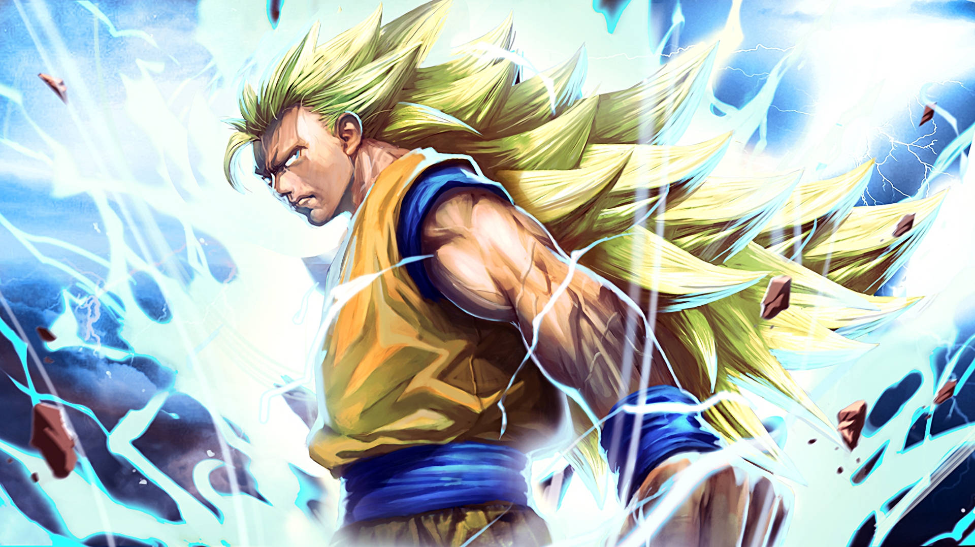 Goku Ssj3 桌布 壁紙 — 一個擁有金色尖刺頭髮和藍色光環的強大動漫戰士，在破碎的背景前散發能量。