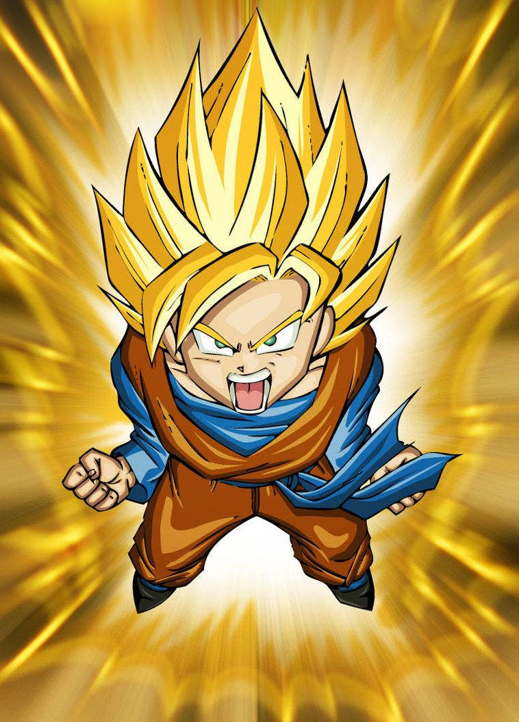Goten 桌布 壁紙 — 一個擁有金色尖刺頭髮和藍色圍巾的Q版動漫角色，在金色爆發背景中散發出強烈能量。