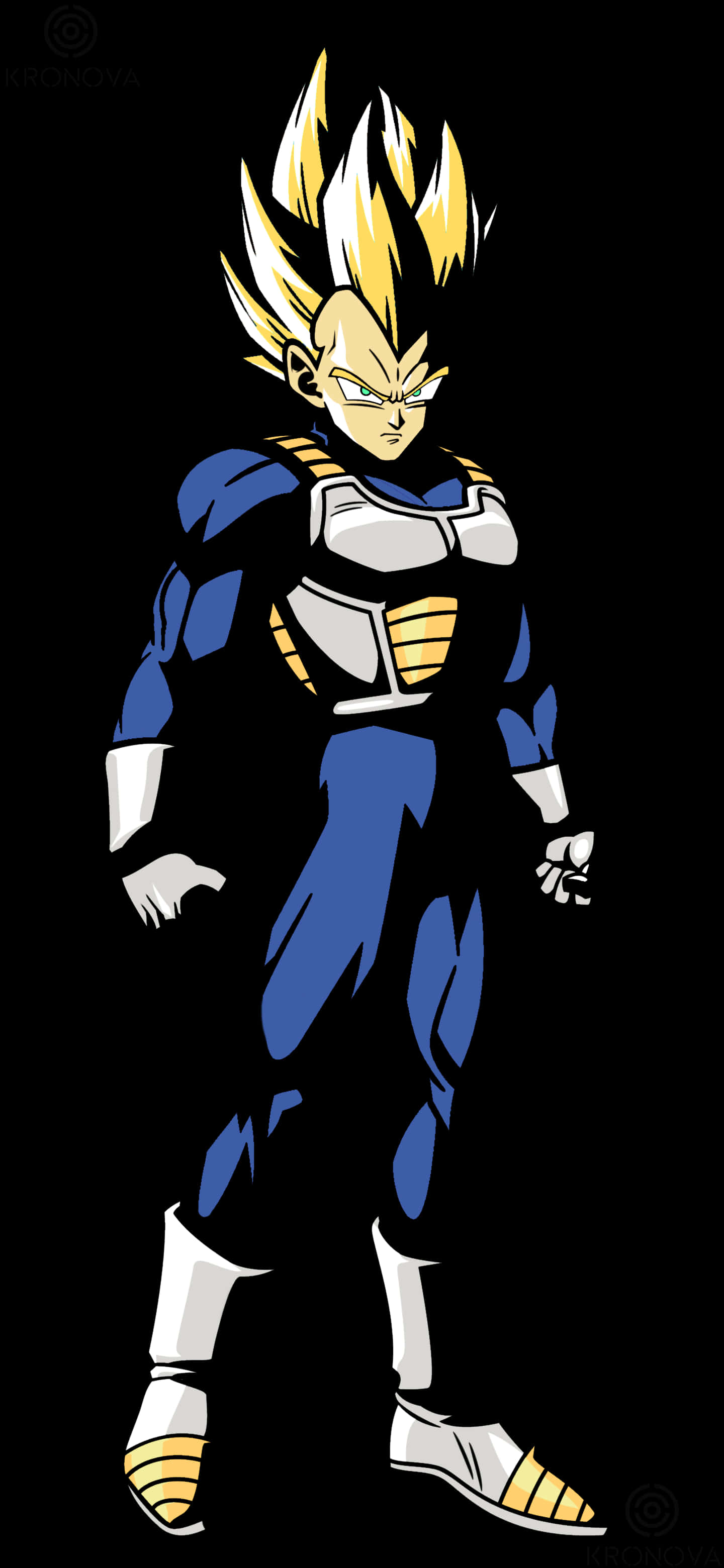 Cool Vegeta 桌布 壁紙 — 一個擁有金色尖刺頭髮和藍色盔甲的強大動漫角色，自信地站在黑色背景前。