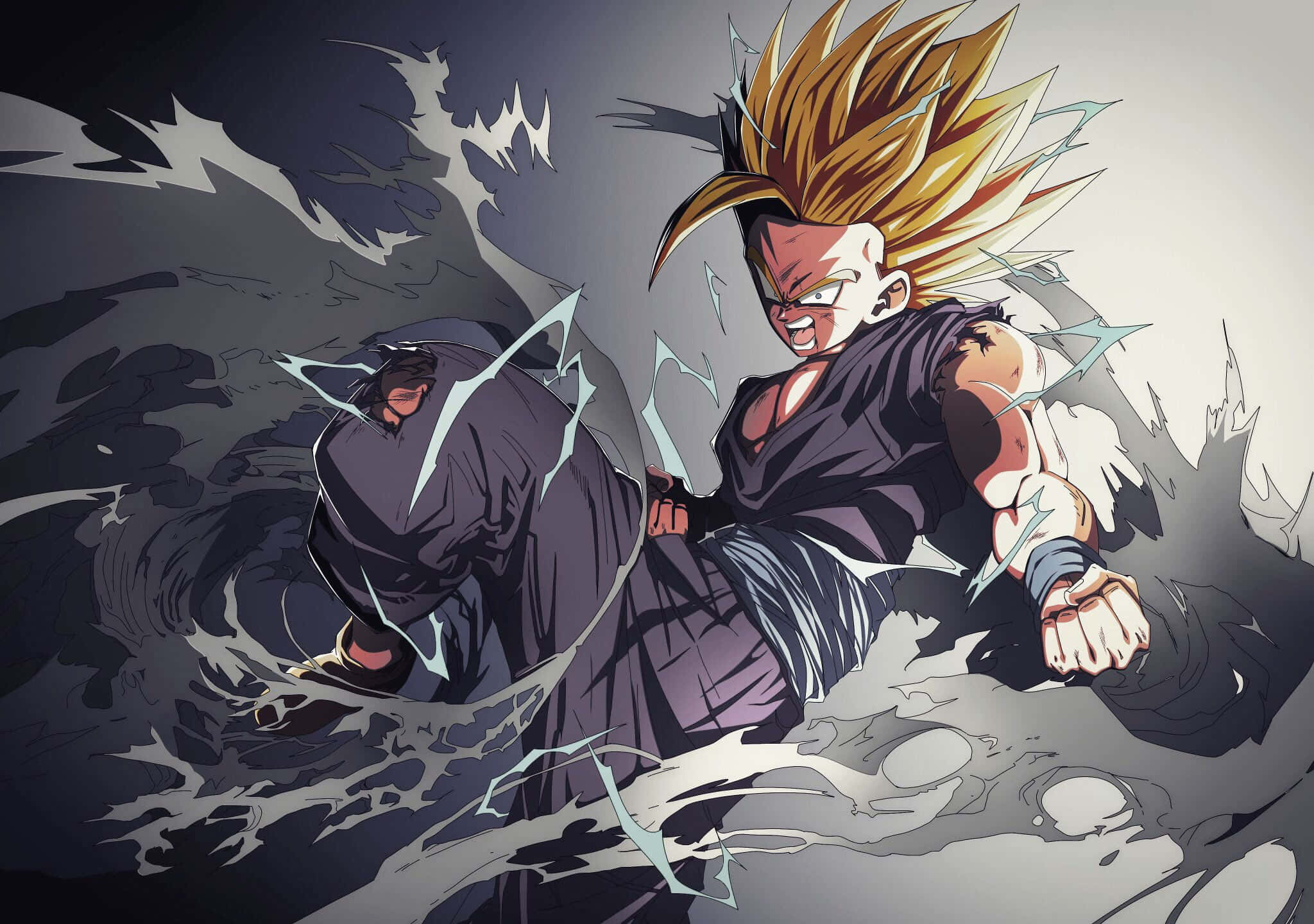 Cool Dragon Ball 桌布 壁紙 — 一個擁有金色尖刺頭髮的動漫角色在動態戰鬥場景中擊穿黑暗能量。