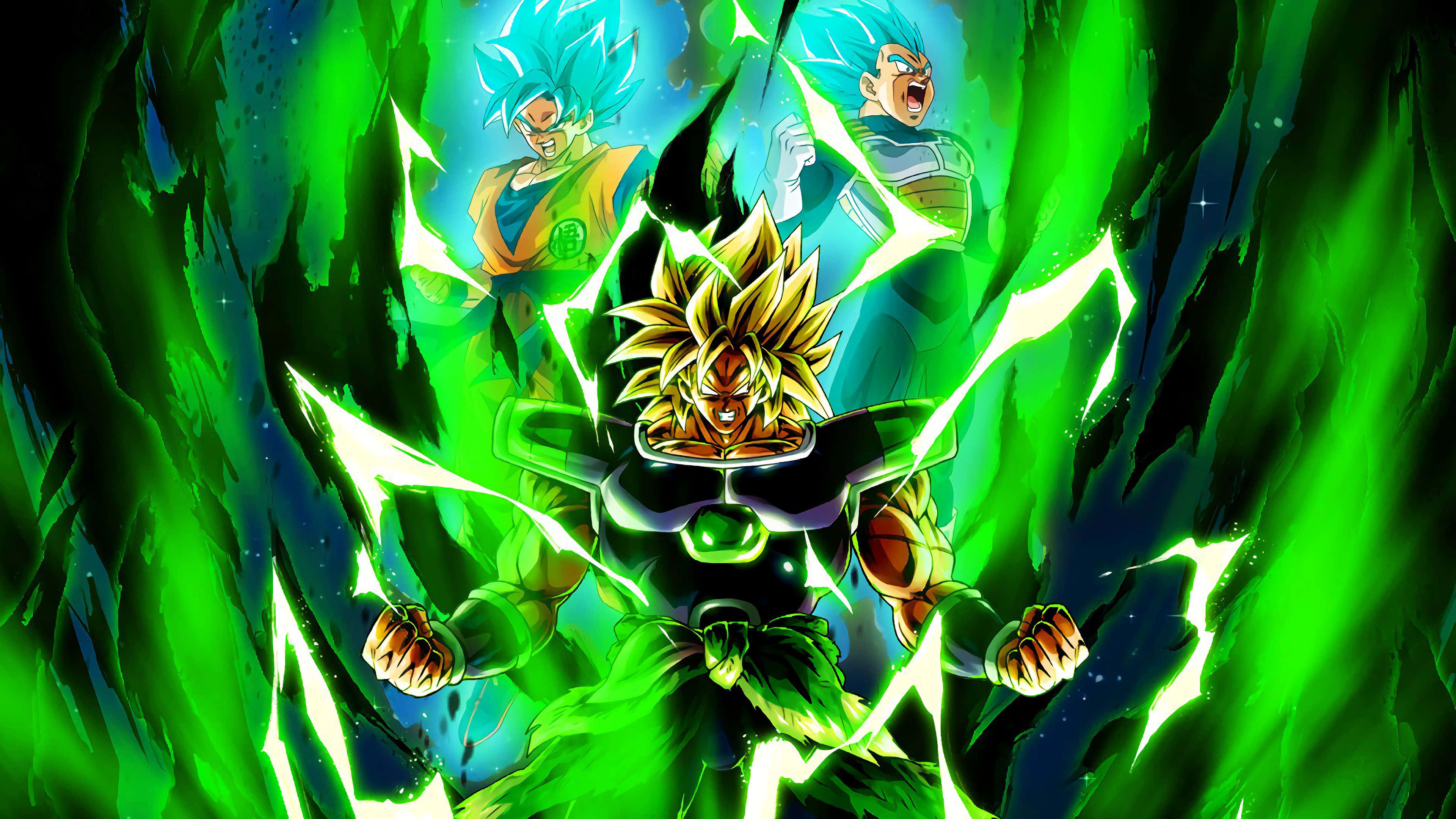 Dragon Ball Z Broly 桌布 壁紙 — 一個擁有金色尖刺頭髮的強大動漫戰士，被兩個藍髮戰士包圍，在動態戰鬥場景中散發出綠色能量。