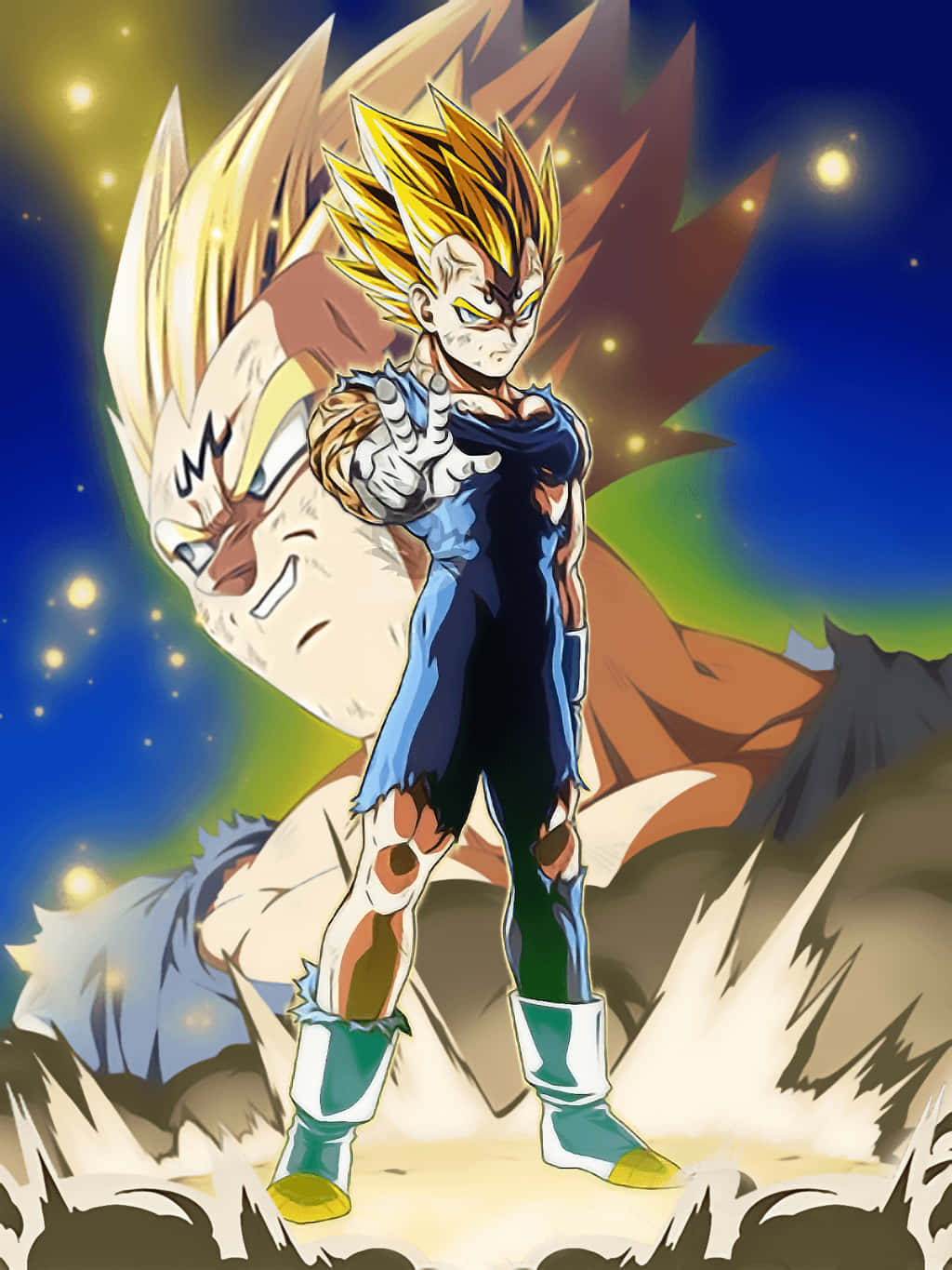 Majin Vegeta 桌布 壁紙 — 一個擁有金色尖刺頭髮的強大動漫戰士，在一個背後有巨大面孔的宇宙背景下挑釁地站立。