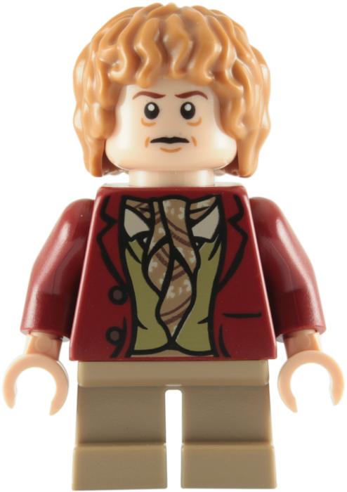Hobbit 桌布 壁紙 — 一個擁有金色捲髮、身穿紅色外套和圖案背心的 LEGO 佛羅多·巴金斯人偶。