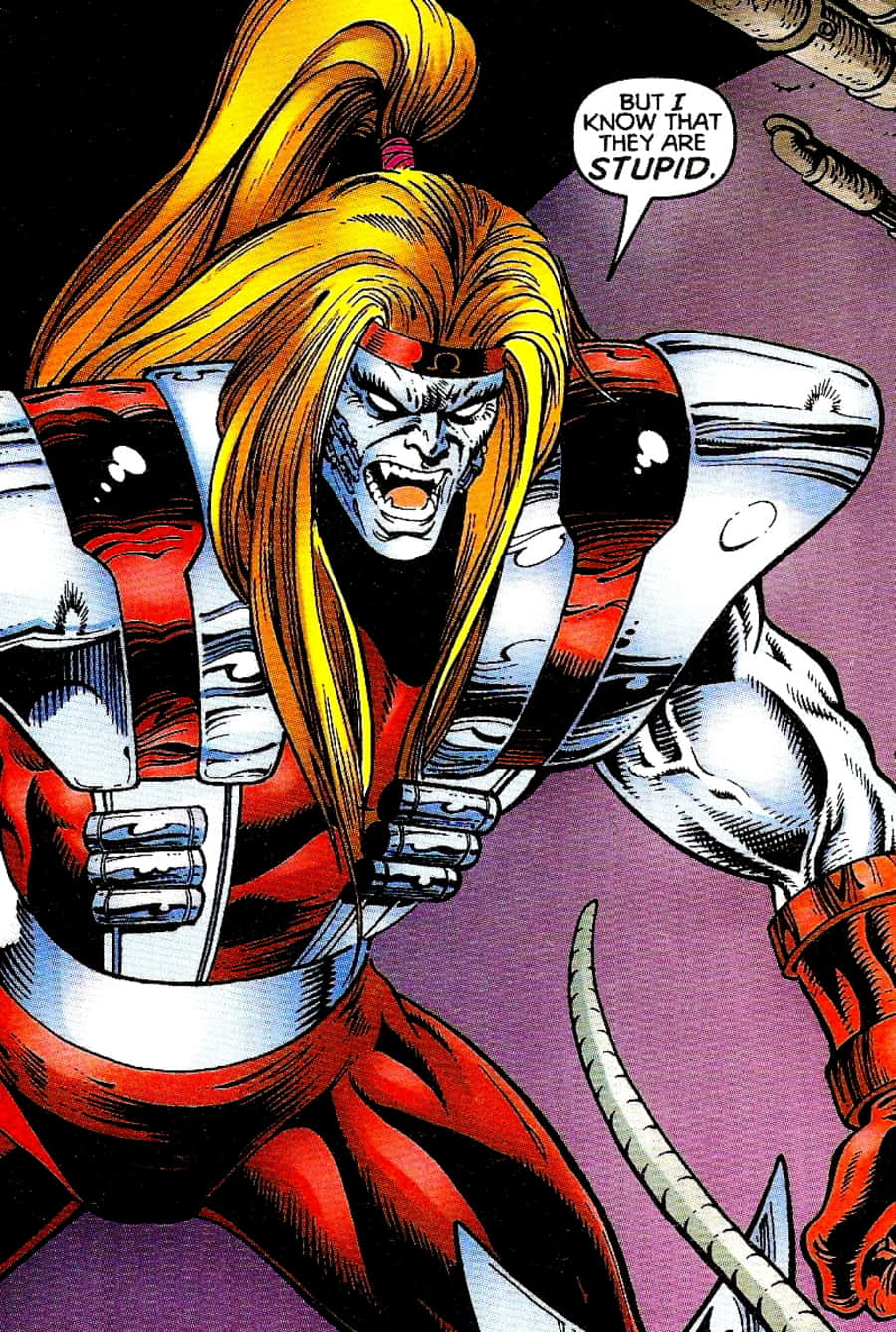 Omega Red 桌布 壁紙 — 一個擁有金色長髮和紅色盔甲的漫畫角色，在紫色背景前憤怒地咆哮。