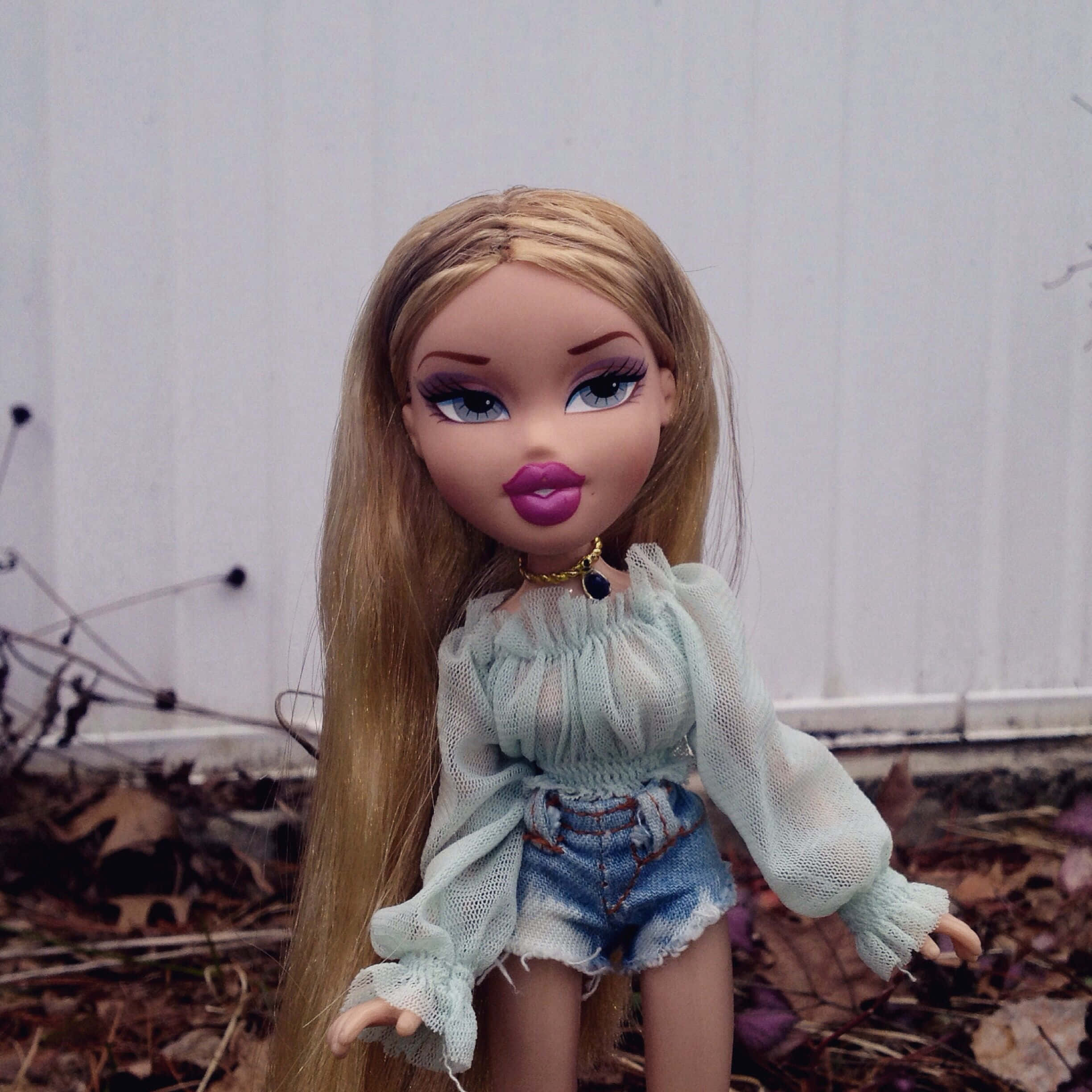Bratz 桌布 壁紙 — 一個擁有金色長髮和紫色嘴唇的 Bratz 公仔，穿著淺藍色網眼上衣和牛仔短褲，背景是白色籬笆和落葉。