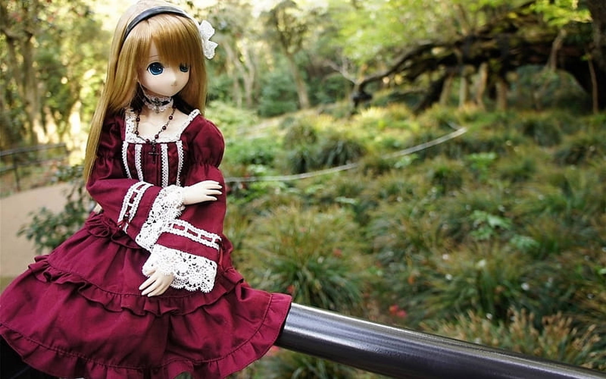 Doll 桌布 壁紙 — 一個擁有金色長髮和藍色眼睛的洋娃娃，穿著栗色蕾絲連衣裙，坐在茂密綠色花園的欄杆上。