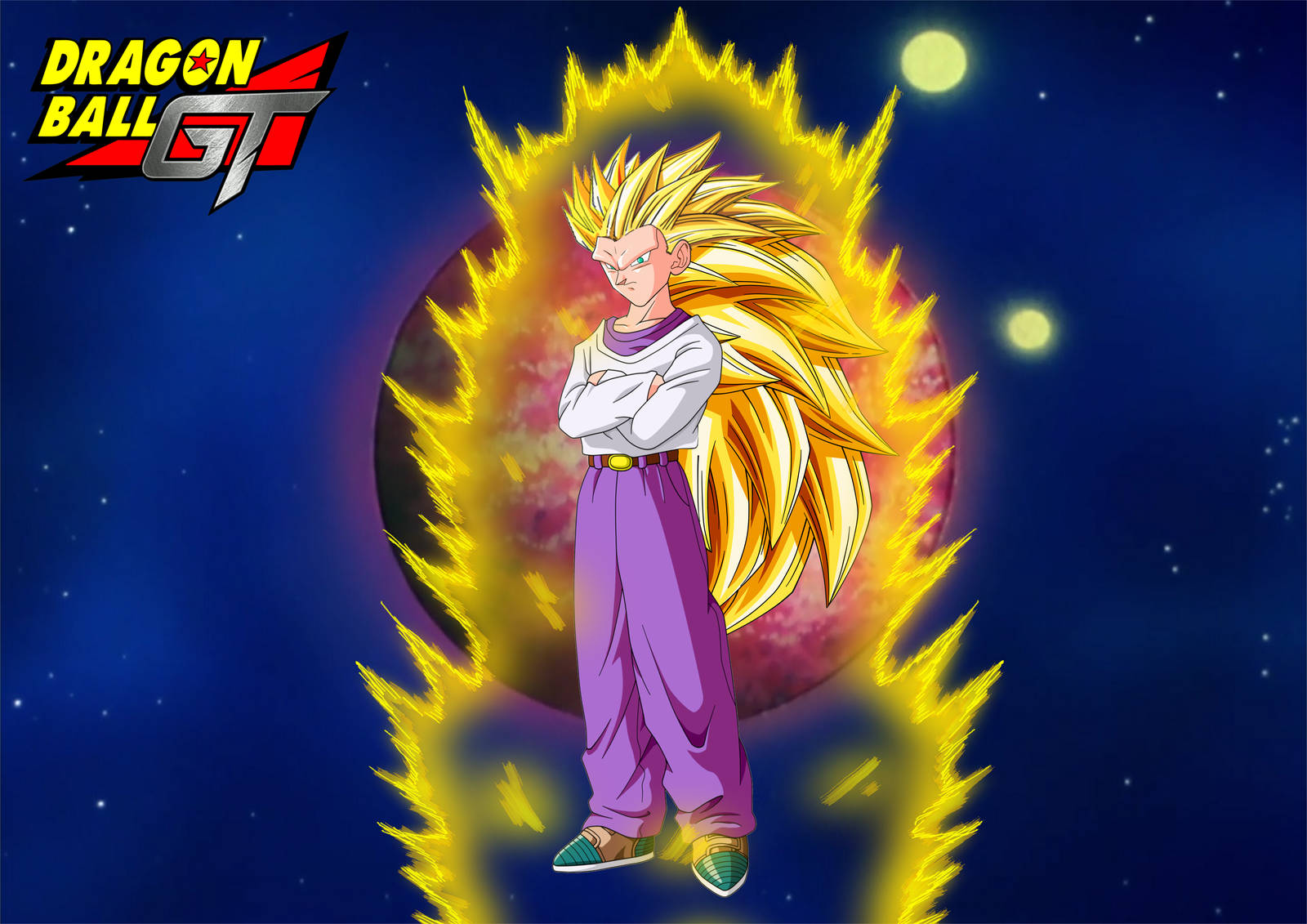 Goten 桌布 壁紙 — 一個擁有金色頭髮和氣場的超級賽亞人角色，自信地站在繁星點點的夜空下，身後有一顆發光的行星。