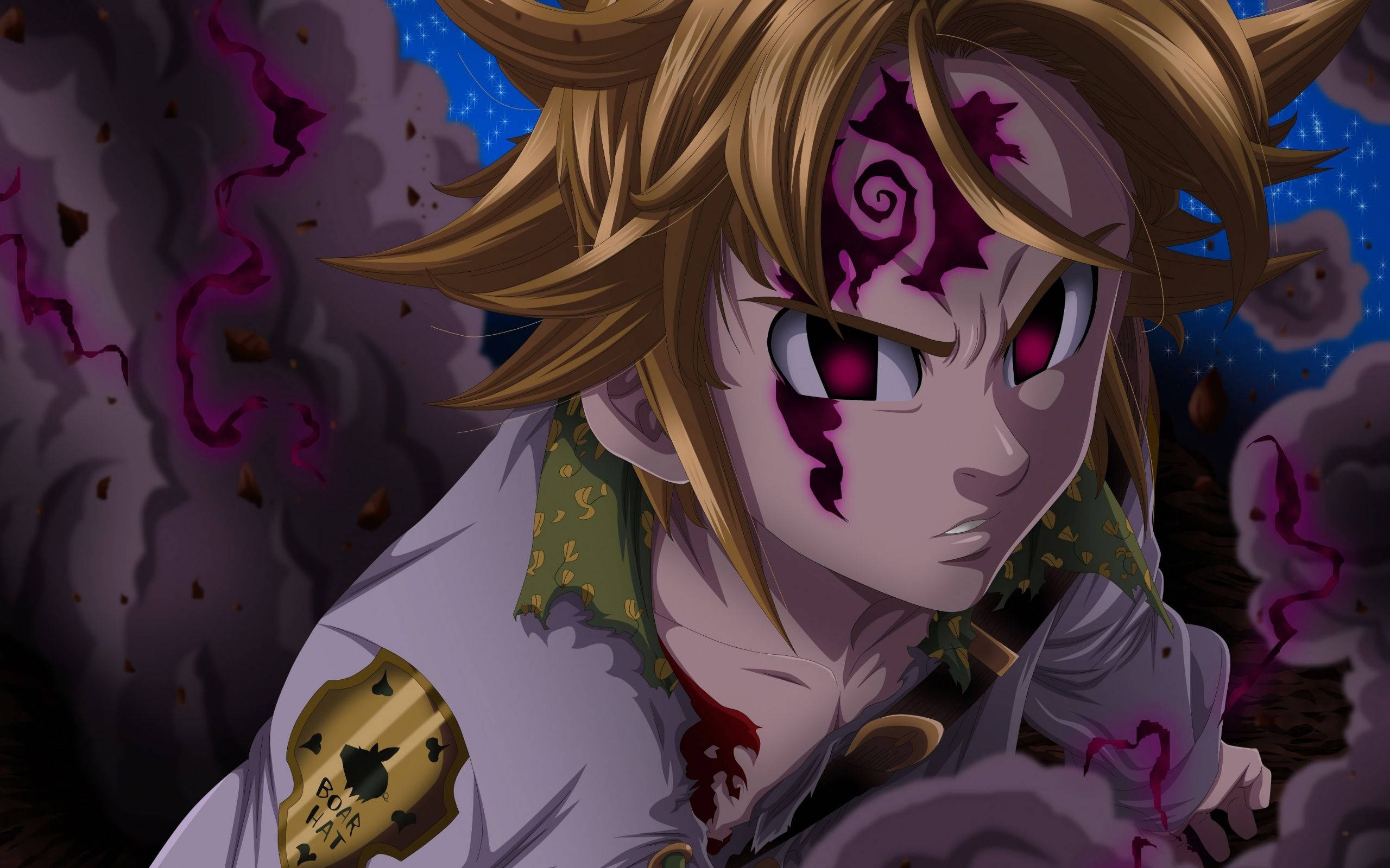 Meliodas 桌布 壁紙 — 一個擁有金色頭髮和紫色標記的兇猛動漫戰士，在暴風雨般的宇宙背景下強烈凝視。