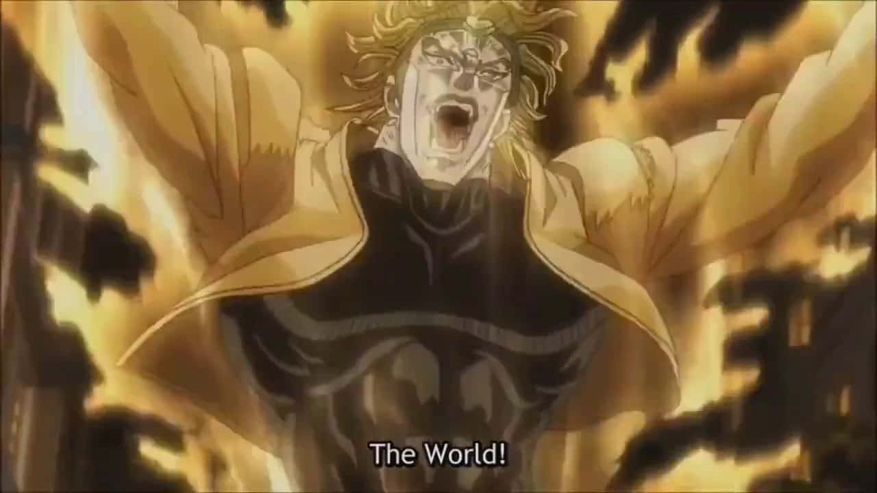 Dio The World 桌布 壁紙 — 一個擁有金色頭髮的強大動漫角色，在熾熱的金色背景下勝利地咆哮。