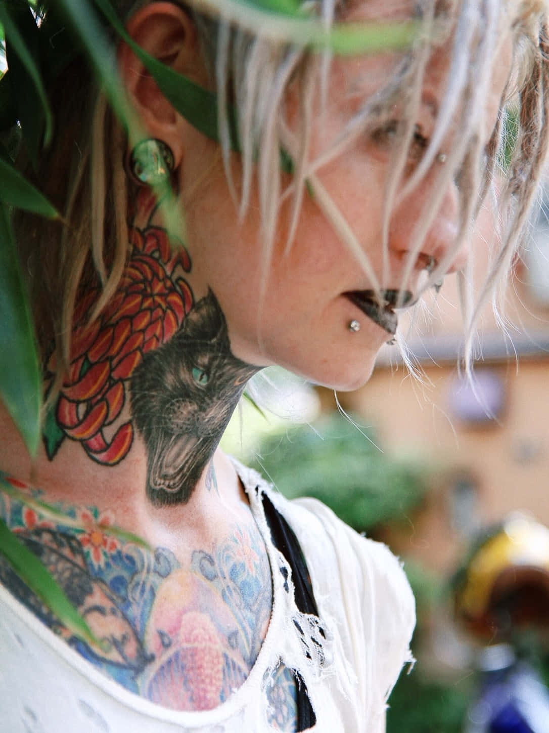 Tattoo Girl 桌布 壁紙 — 一個擁有鉑金色頭髮、刺青包括黑貓和花卉圖案的人，透過綠葉窺視。