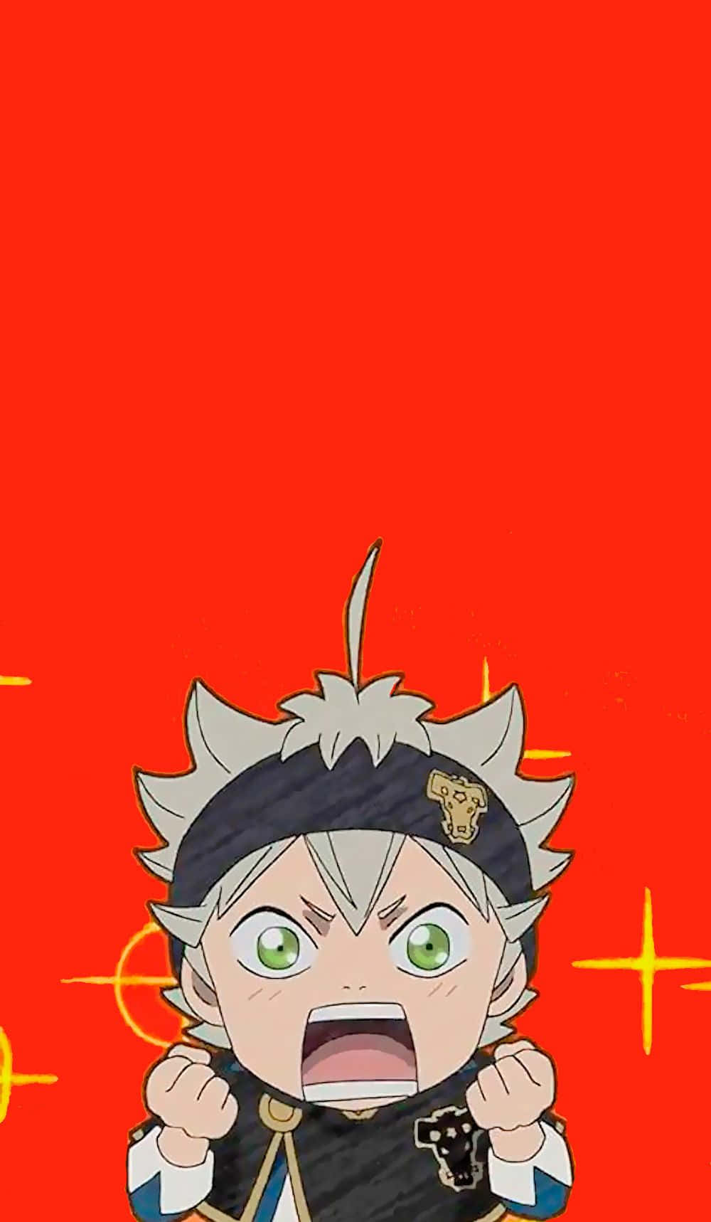 Black Clover Anime 桌布 壁紙 — 一個擁有銀色尖刺頭髮和綠色眼睛的動漫角色，在帶有黃色星爆的鮮紅色背景上充滿活力地大喊。
