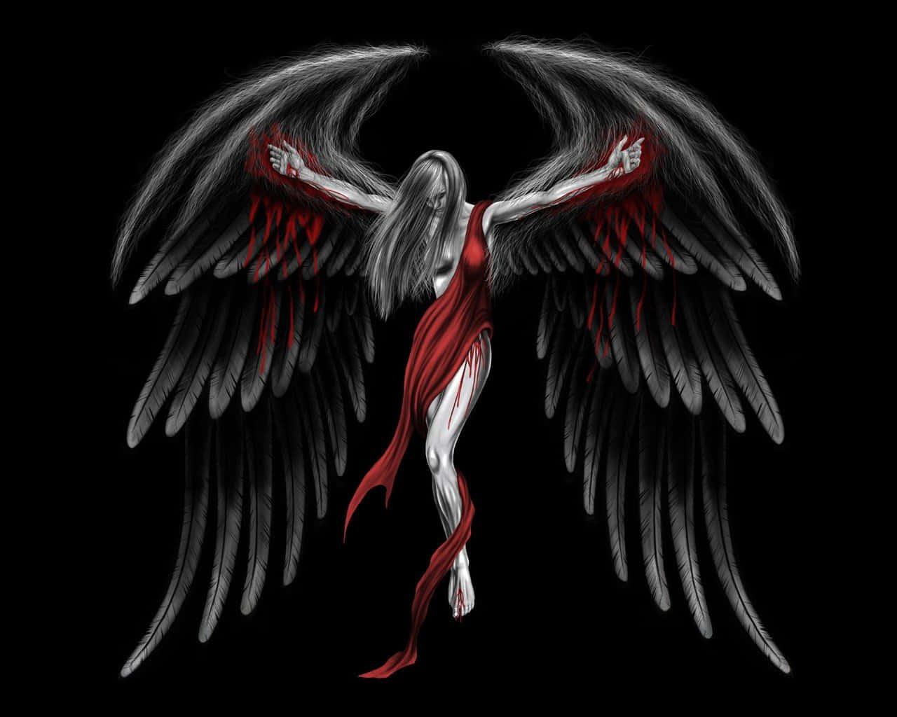 Angel Wings 桌布 壁紙 — 一個擁有銀色皮膚和紅色飄逸布料的黑翼天使，站在黑色背景前，翅膀上滴著血。