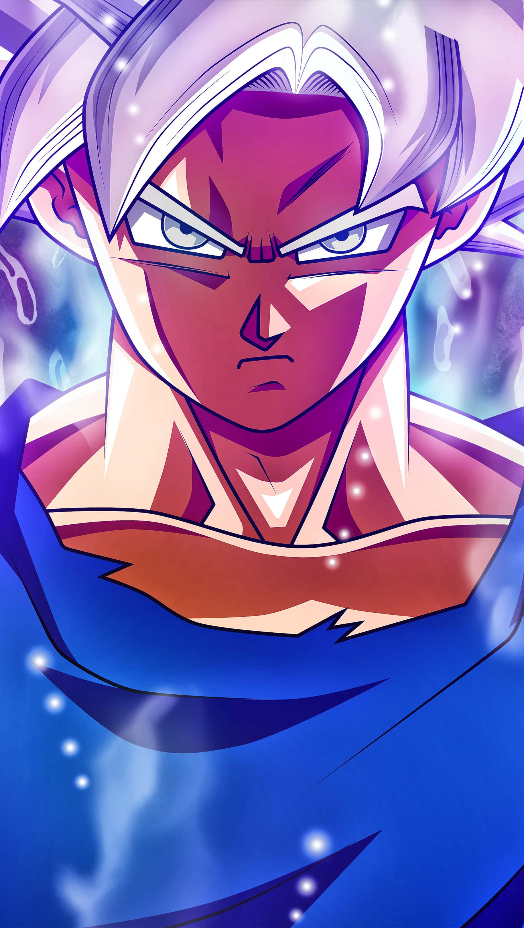 Dragon Ball Goku Ultra Instinct 桌布 壁紙 — 一個擁有銀色頭髮和發光眼睛的兇猛動漫戰士，在宇宙藍色背景下散發力量。
