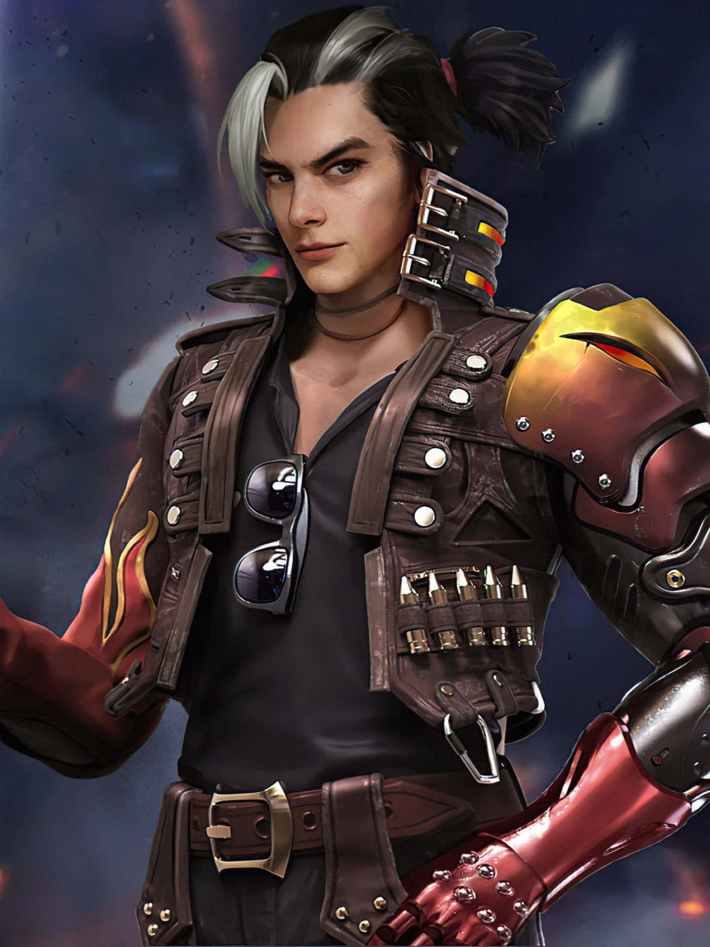 Free Fire 桌布 壁紙 — 一個擁有銀黑色頭髮和機械手臂的賽博龐克戰士，自信地站在黑暗、發光的城市環境中。