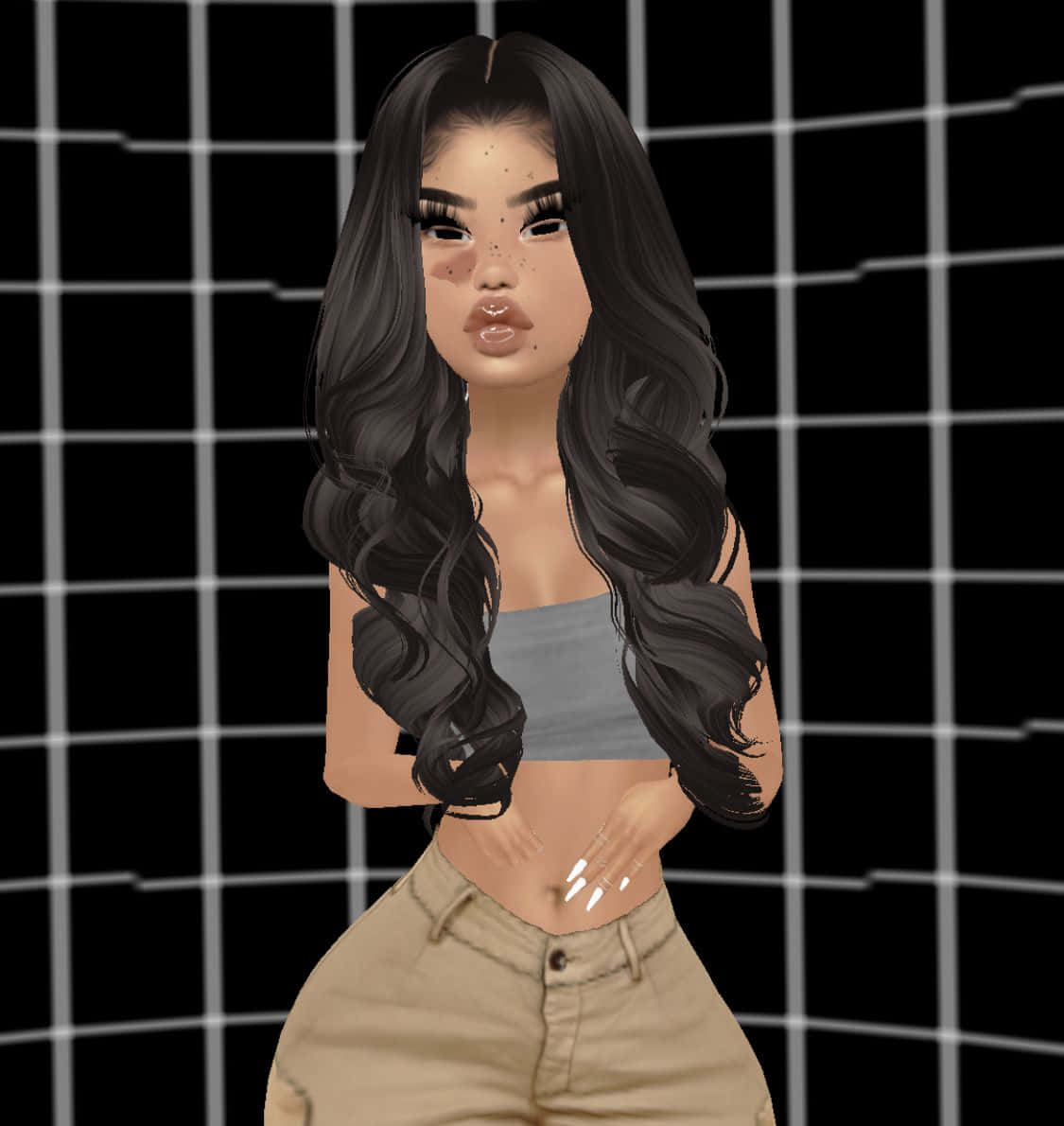 imvu 桌布 壁紙 — 一個擁有長波浪黑髮和雀斑的數位虛擬人物，站在黑色網格背景前，身穿灰色短上衣和米色褲子。
